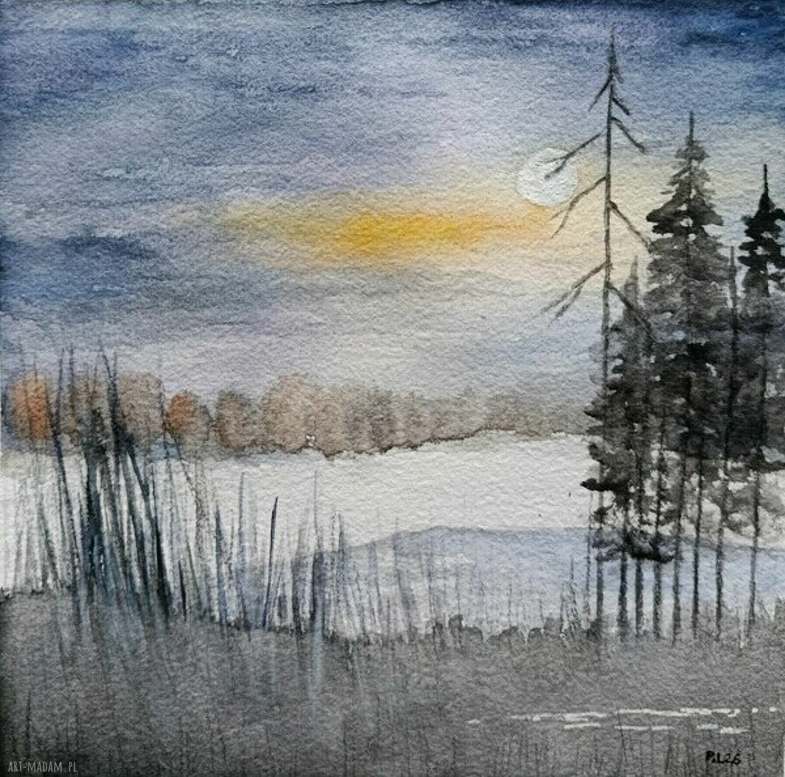 Pejzaż - akwarela 20x20 cm Paulina Lebida (oryginalny obraz bez ramy)