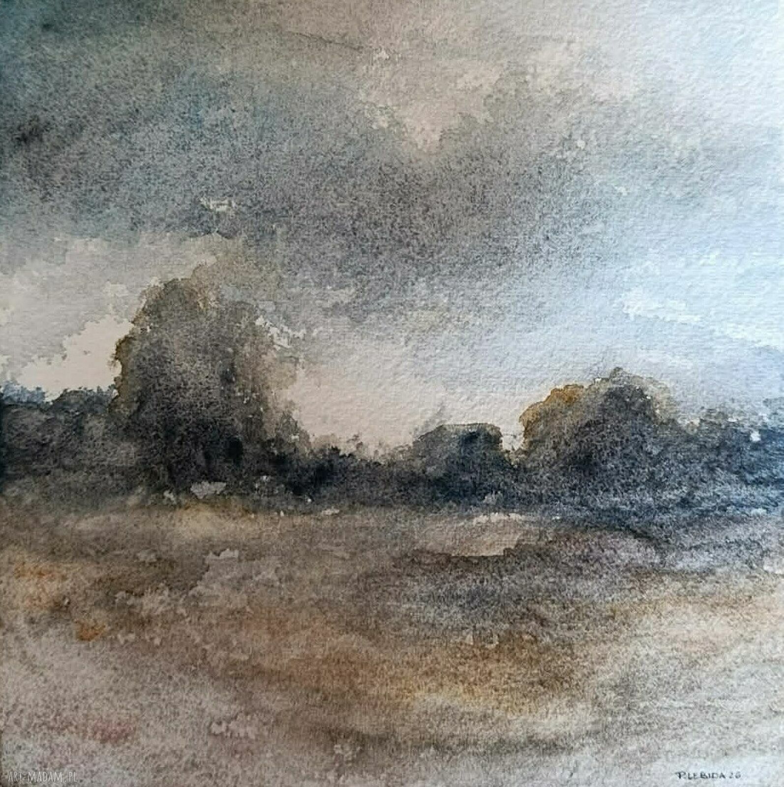 Pejzaż akwarela formatu 20x20 cm