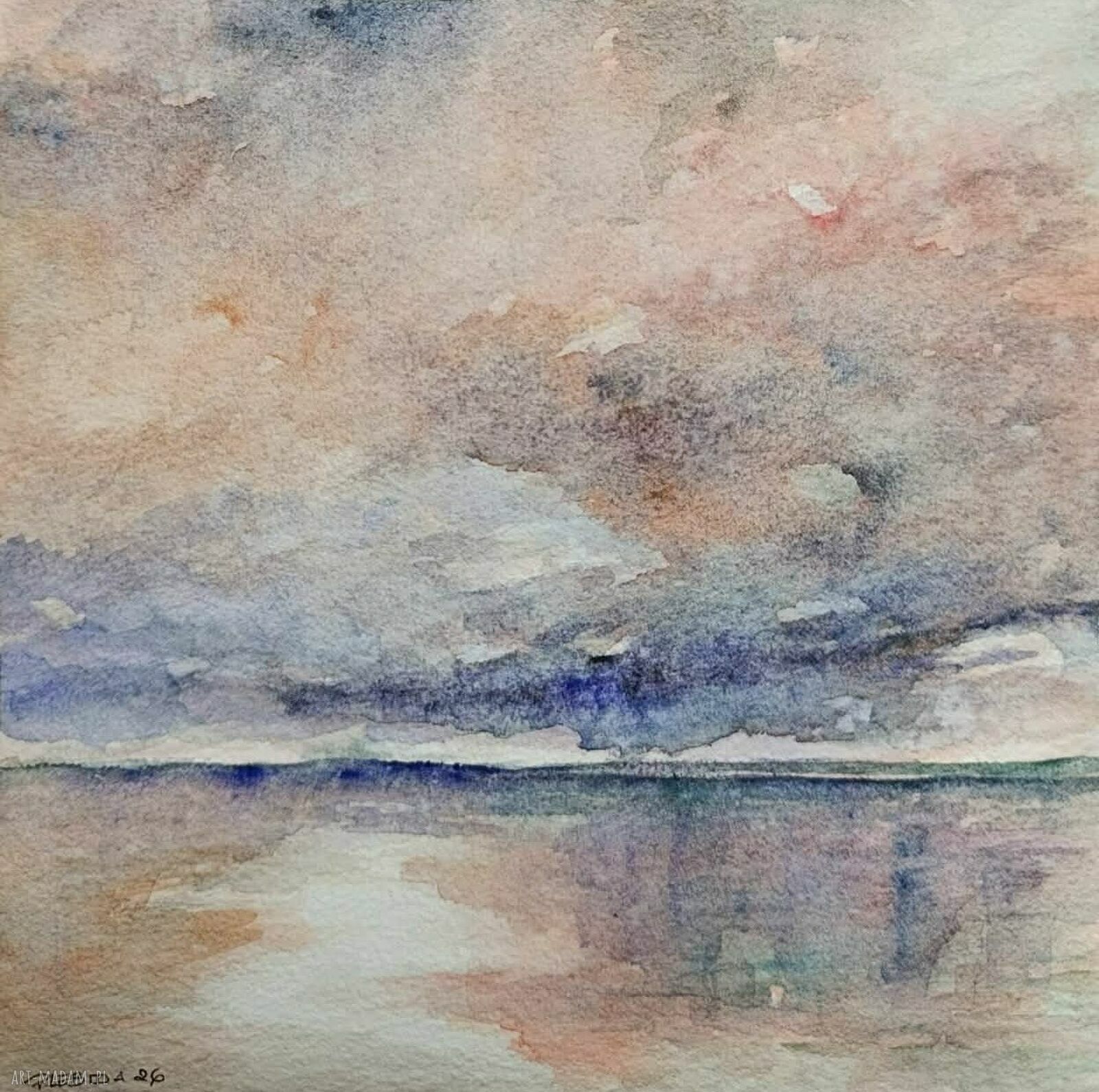Pejzaż akwarela 20x20 cm - oryginalny kwadrat na ścianę