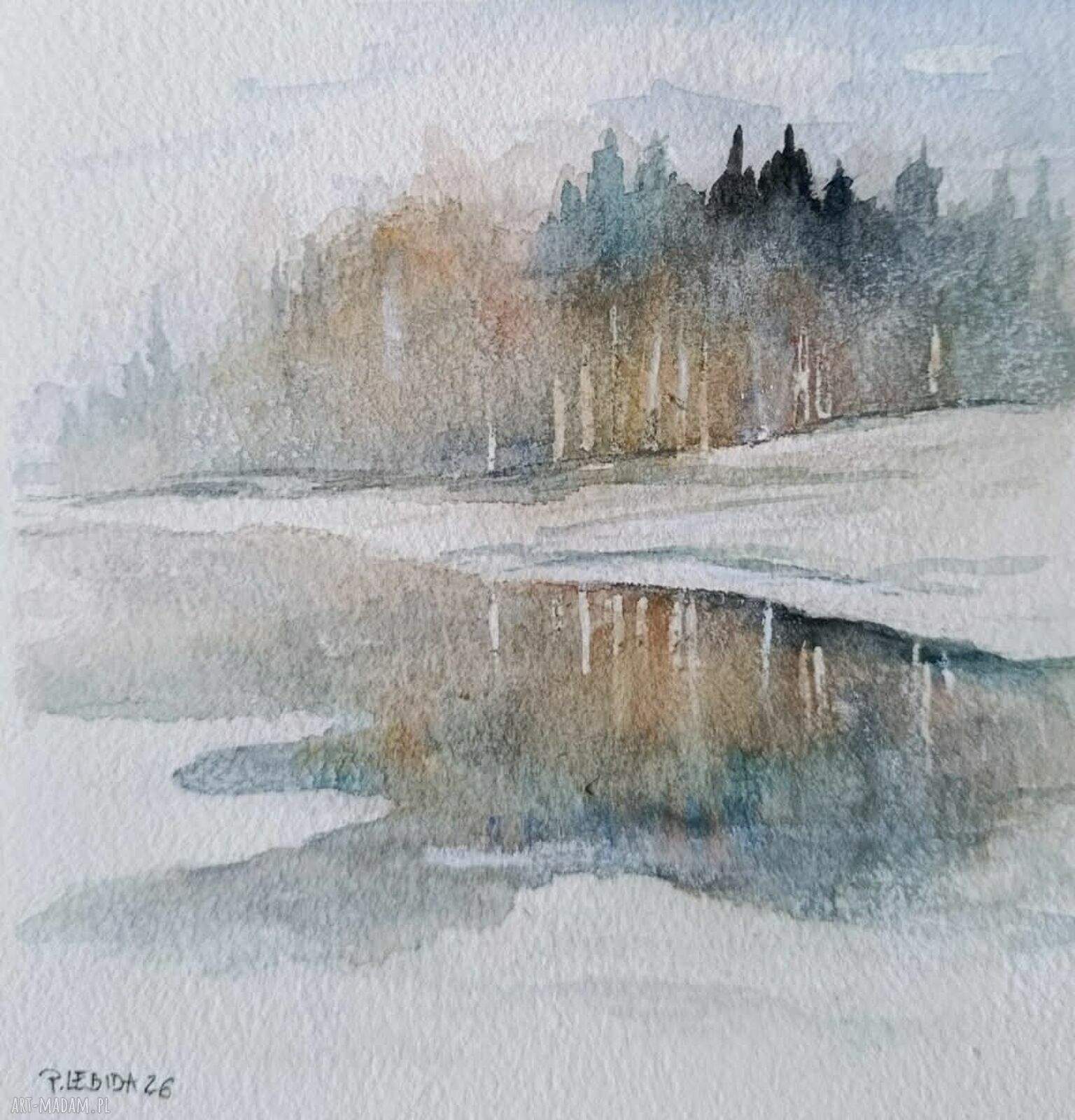 Oryginalny pejzaż - akwarela 15x15 cm (kwadrat) - sygnowana, bez oprawy