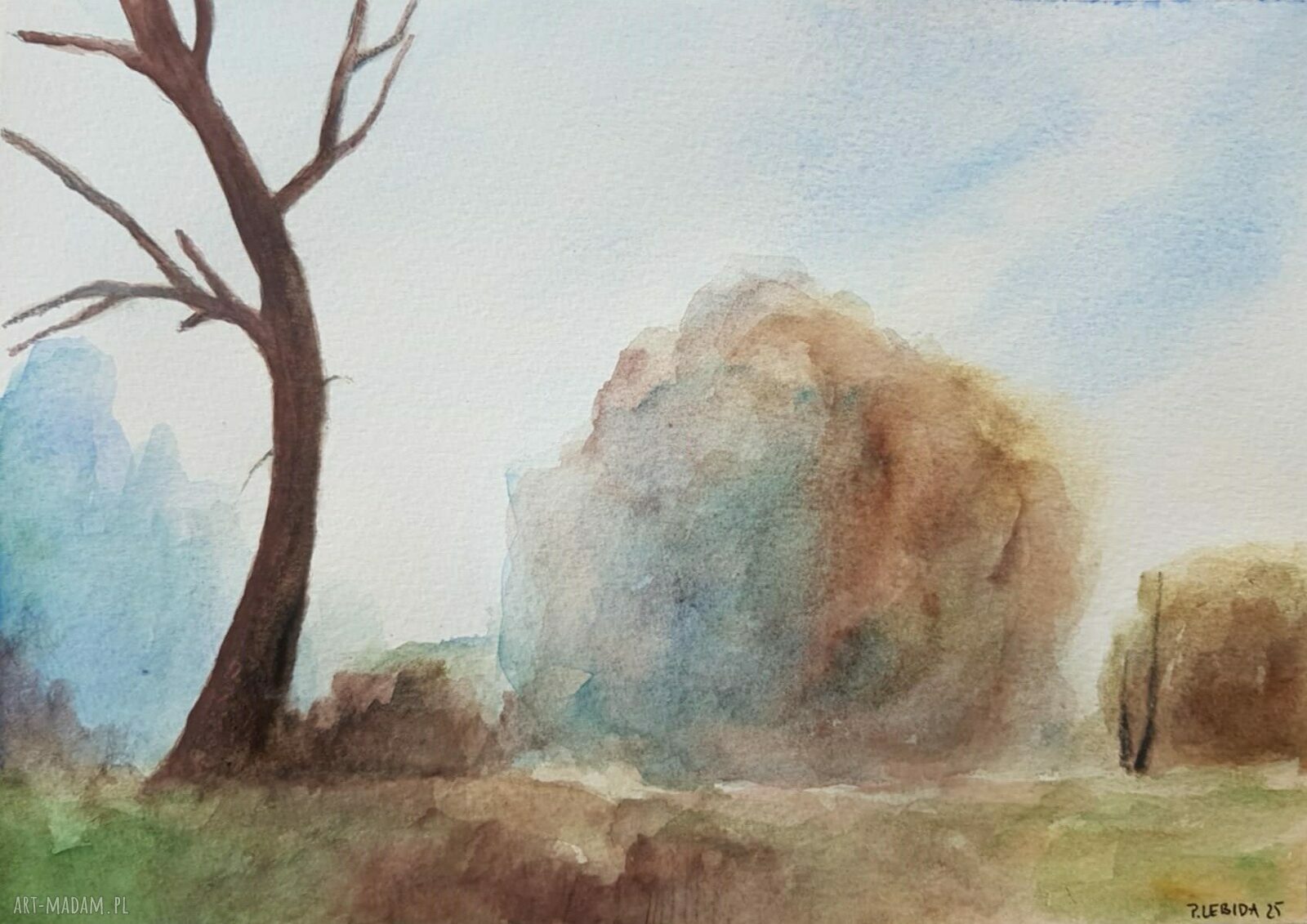 Pejzaż akwarela 18 x 25 cm - ręcznie malowany, sygnowany