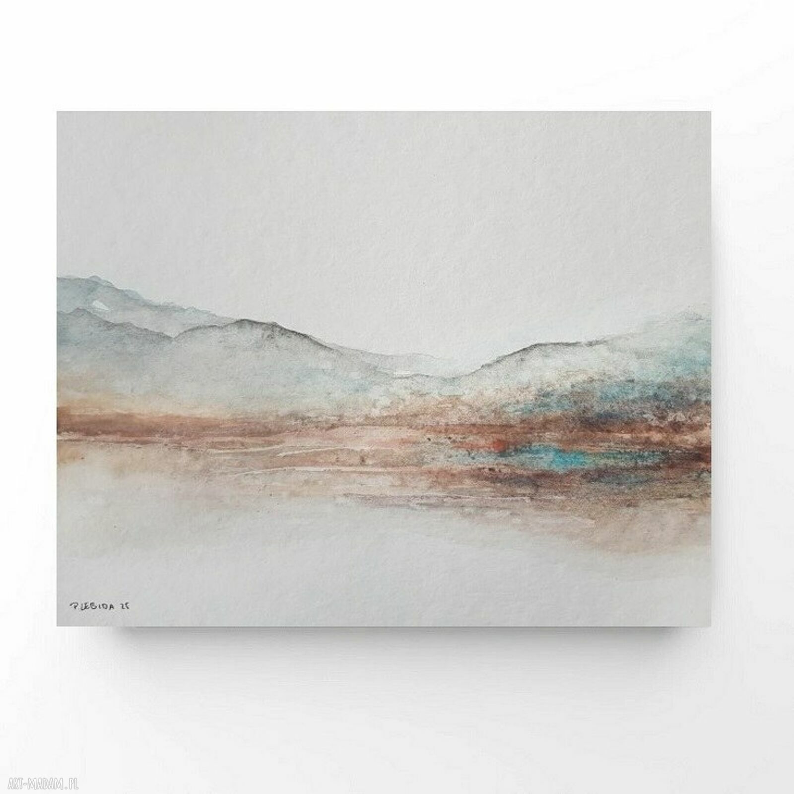 Oryginalna akwarela pejzaż 18x24 cm w odcieniach turkusu, brązu i szarości - bez oprawy