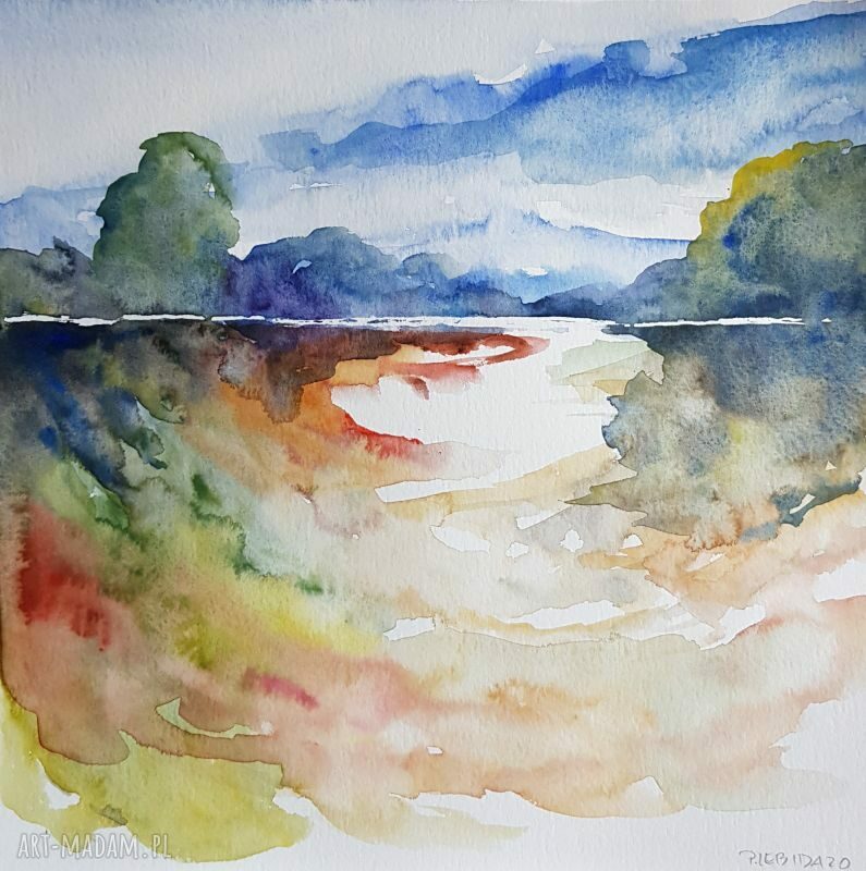 Pejzaż akwarelowy 25x25 cm - ręcznie malowany obraz