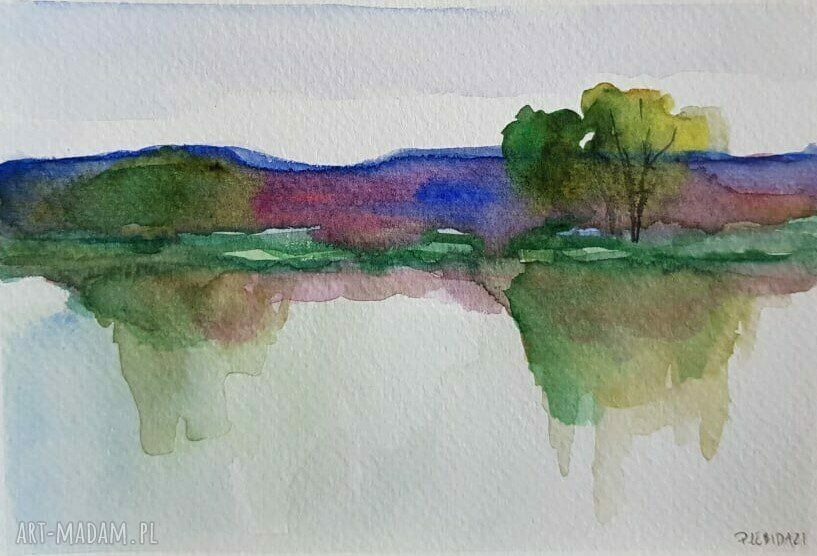 Pejzaż akwarela 18 x 12,5 cm - ręcznie malowana, sygnowana praca