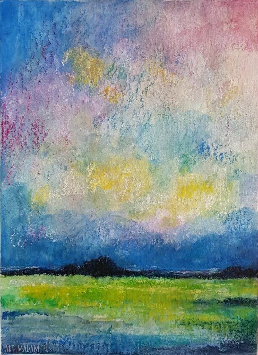 Pejzaż - akwarela z kredkami w formacie 24/32 cm
