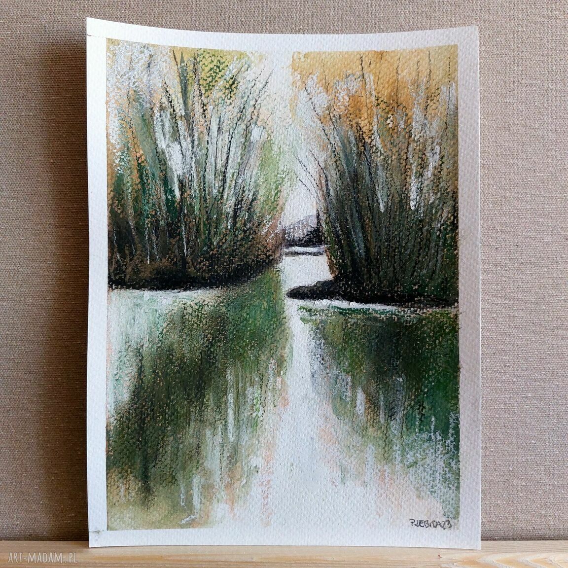 Pejzaż akwarela i pastele 18x24 cm - beż, zieleń, biel