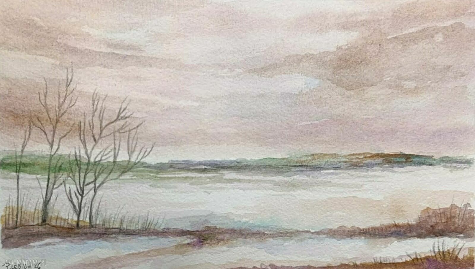 Pejzaż akwarelowy 15x25 cm - oryginalna praca sygnowana Pauliny Lebidy