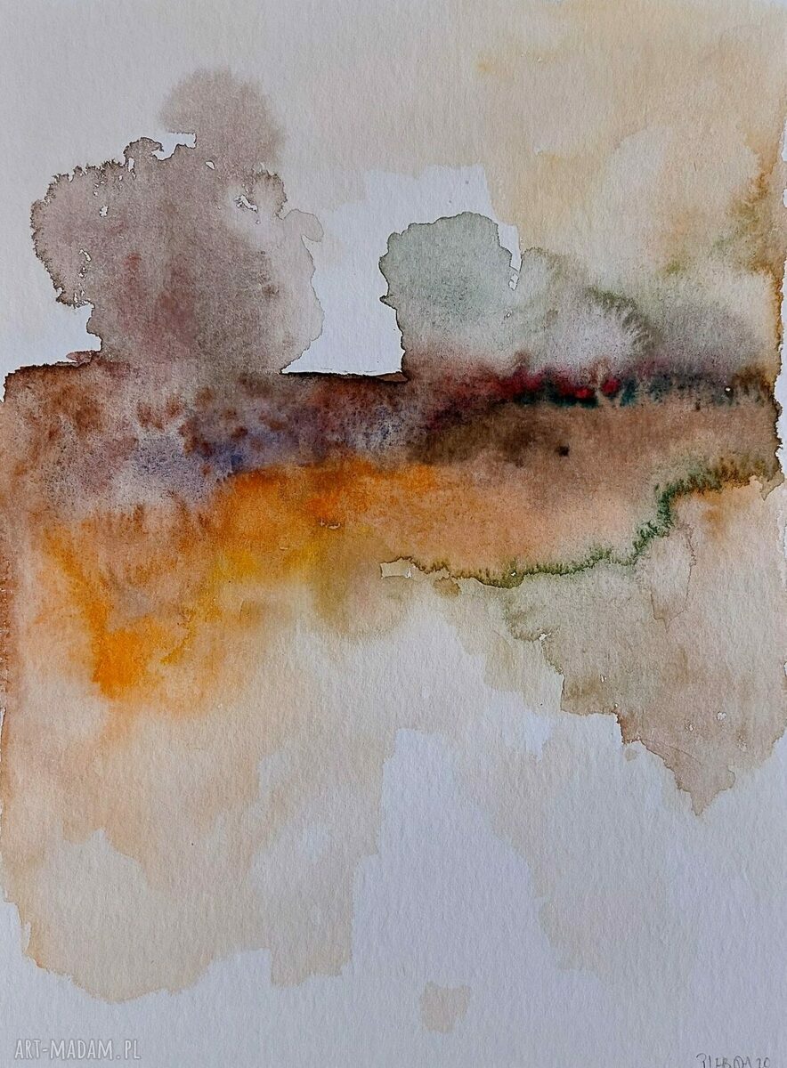 Oryginalna akwarela pejzaż 32 x 24 cm - zielone i pomarańczowe akcenty