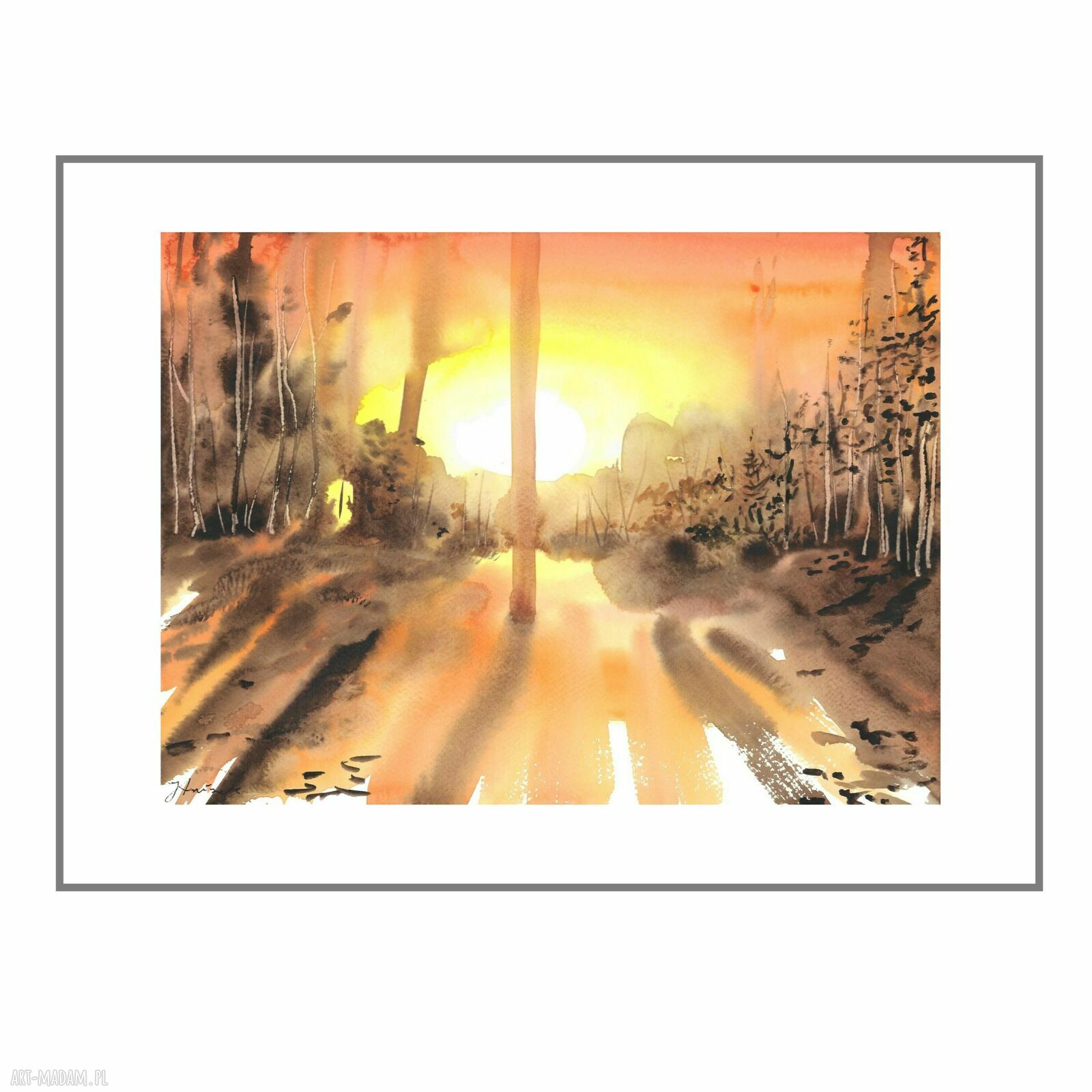 Akwarela "Popołudnie" 40x30 - las w ciepłych barwach słońca