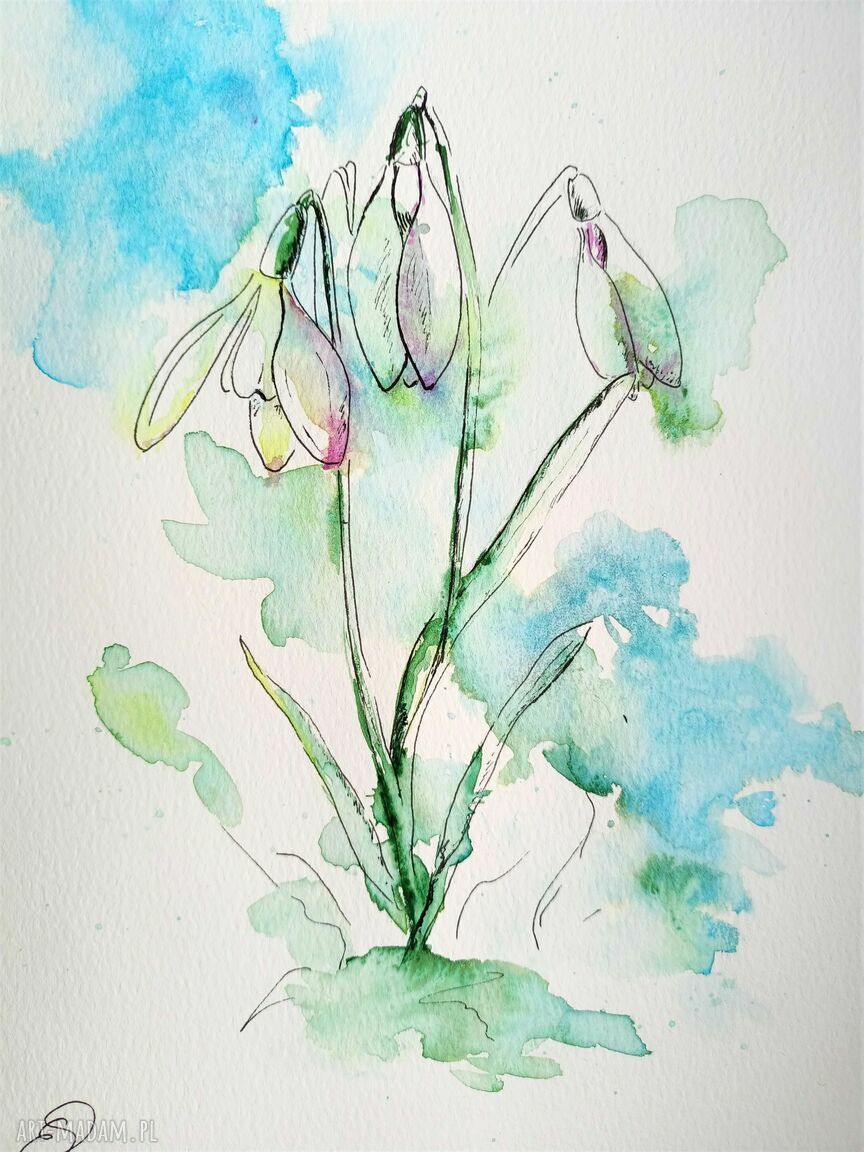 Przebiśniegi - obraz akwarelowy z cienkopisem, 19x27 cm (bez ramki)