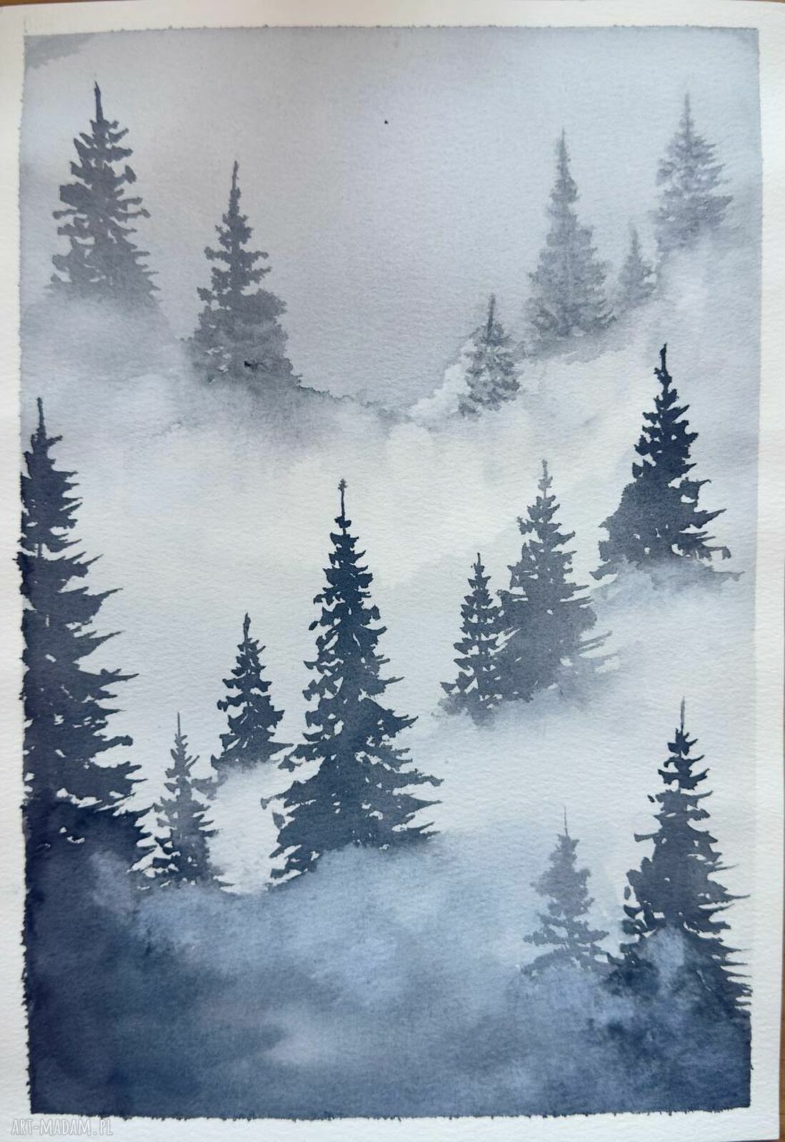 Akwarela Świerki we mgle - monochromatyczny pejzaż A4