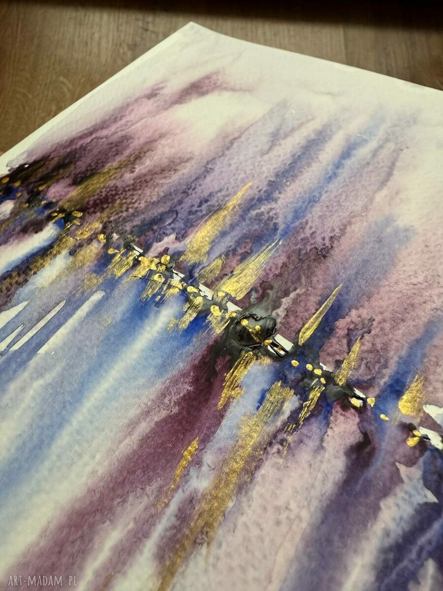 Akwarela „Symetria ze złotem” - abstrakcja z złotą farbą (17,5 x 25,5 cm)