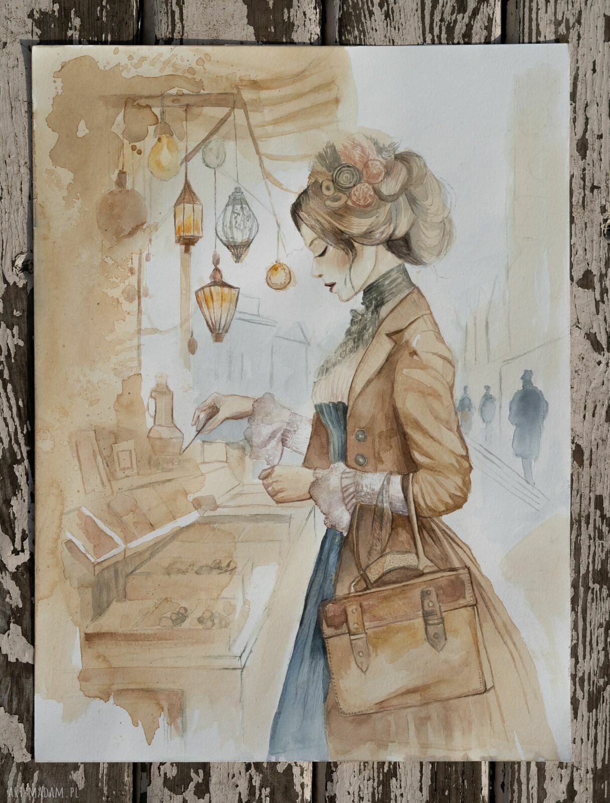 Akwarela vintage - portret kobiety z epoki wiktoriańskiej, ręcznie malowana z dodatkiem kawy, passe-partout 40 x 50 cm