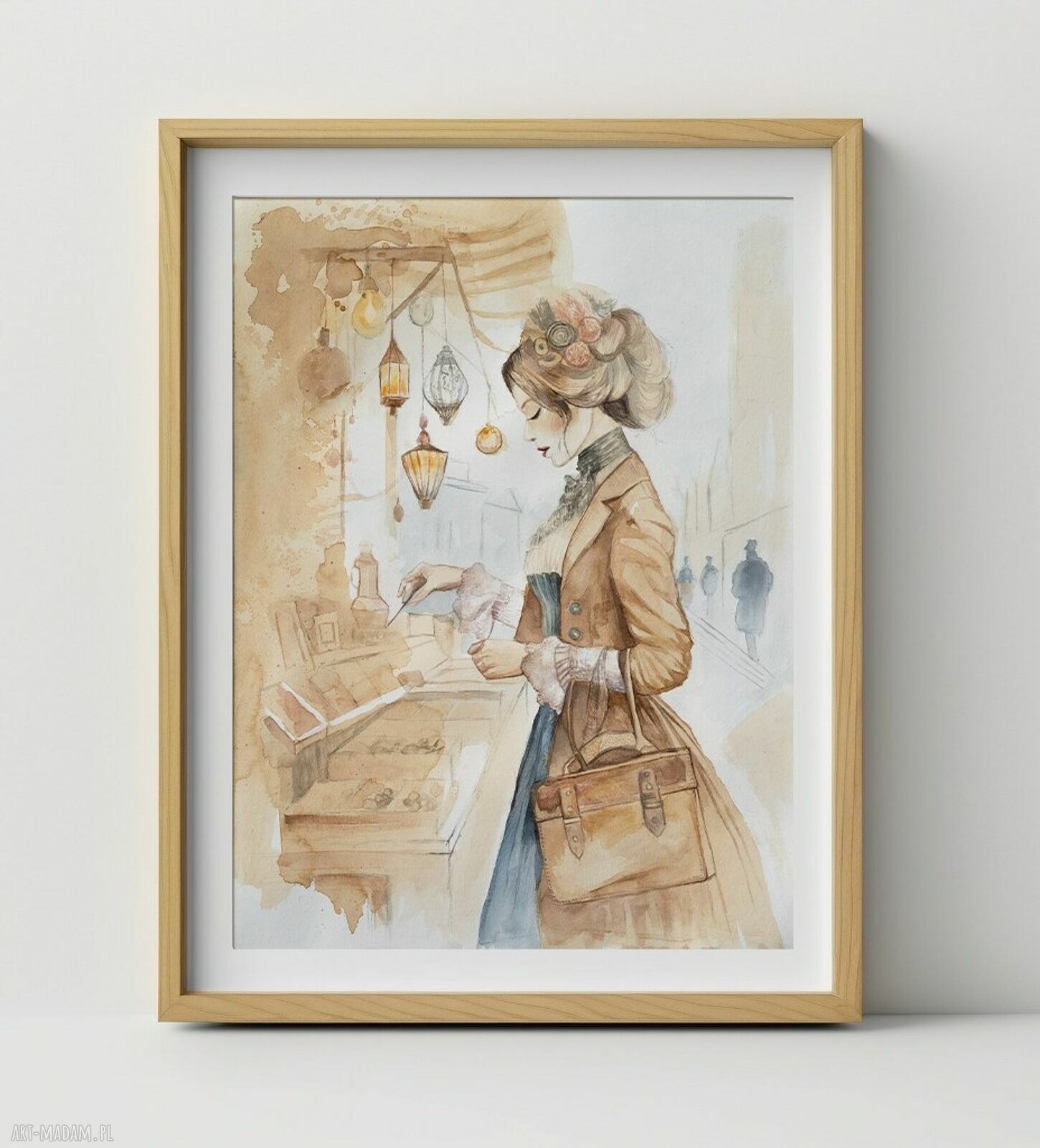 Akwarela vintage - portret kobiety z epoki wiktoriańskiej, ręcznie malowana z dodatkiem kawy, passe-partout 40 x 50 cm