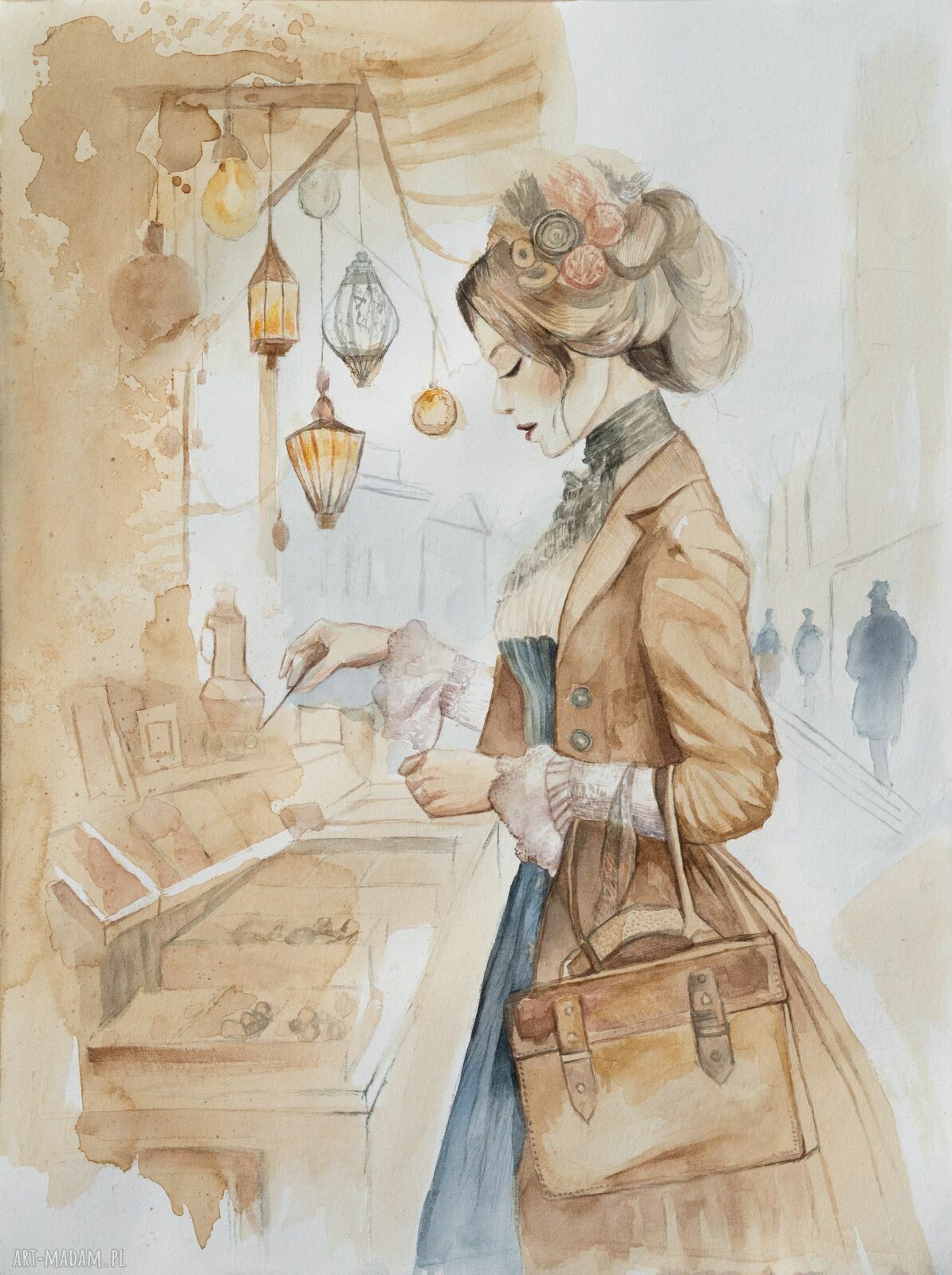 Akwarela vintage - portret kobiety z epoki wiktoriańskiej, ręcznie malowana z dodatkiem kawy, passe-partout 40 x 50 cm