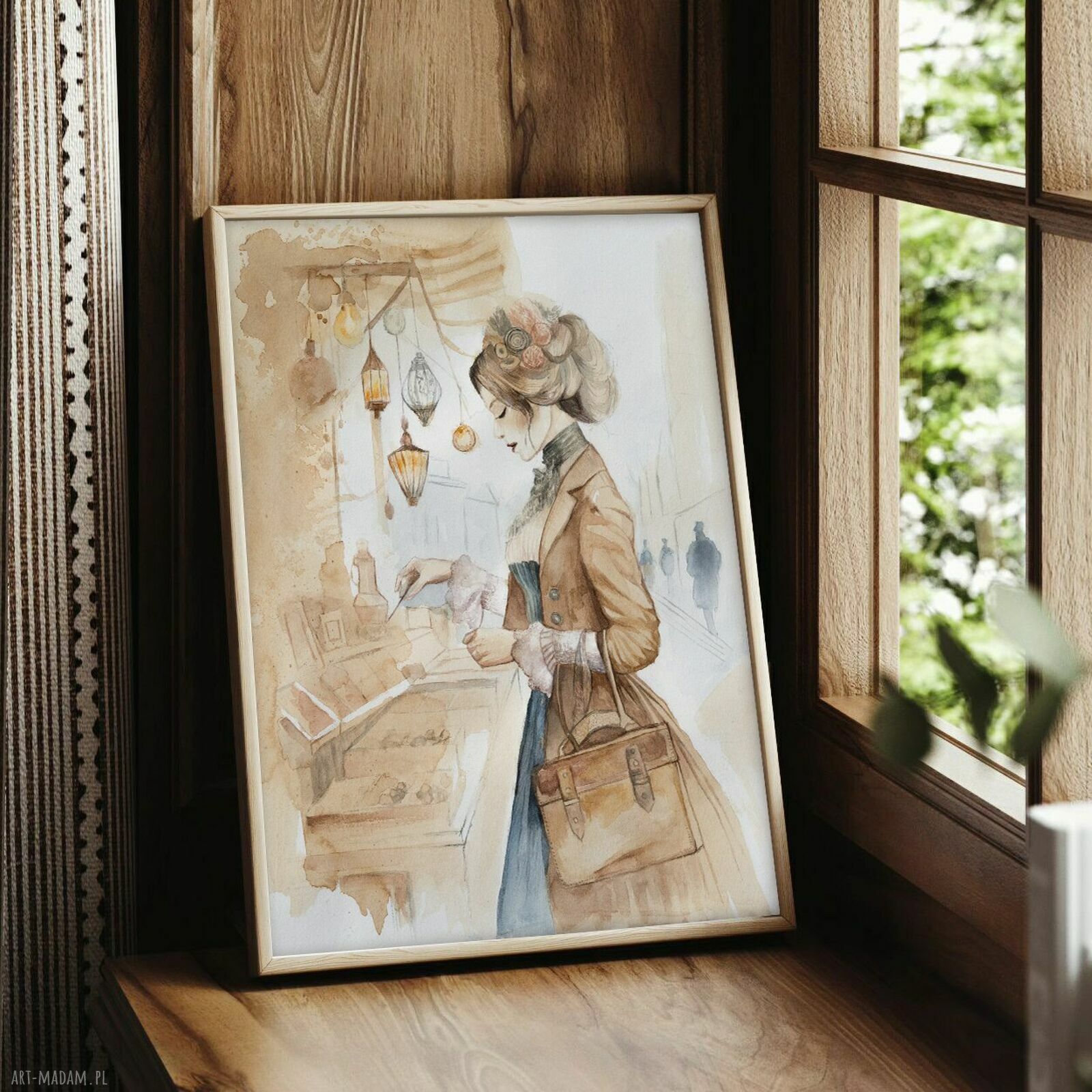 Akwarela vintage - portret kobiety z epoki wiktoriańskiej, ręcznie malowana z dodatkiem kawy, passe-partout 40 x 50 cm