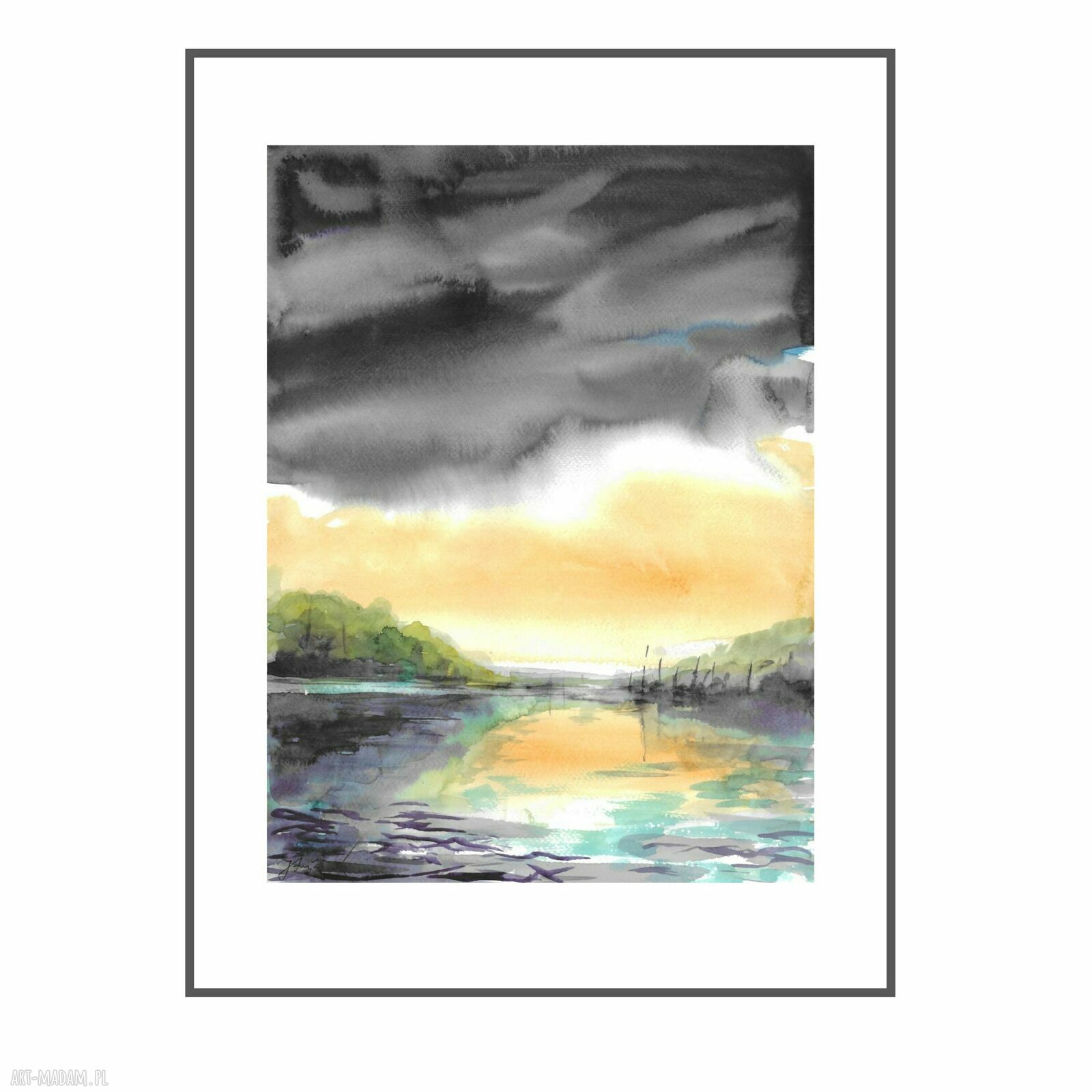 Akwarela 'W zawieszeniu' 40x30 cm - burza nad jeziorem, pejzaż