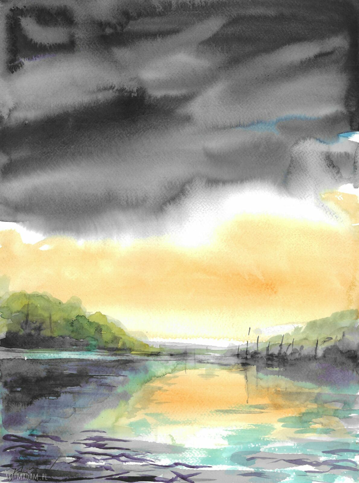 Akwarela 'W zawieszeniu' 40x30 cm - burza nad jeziorem, pejzaż