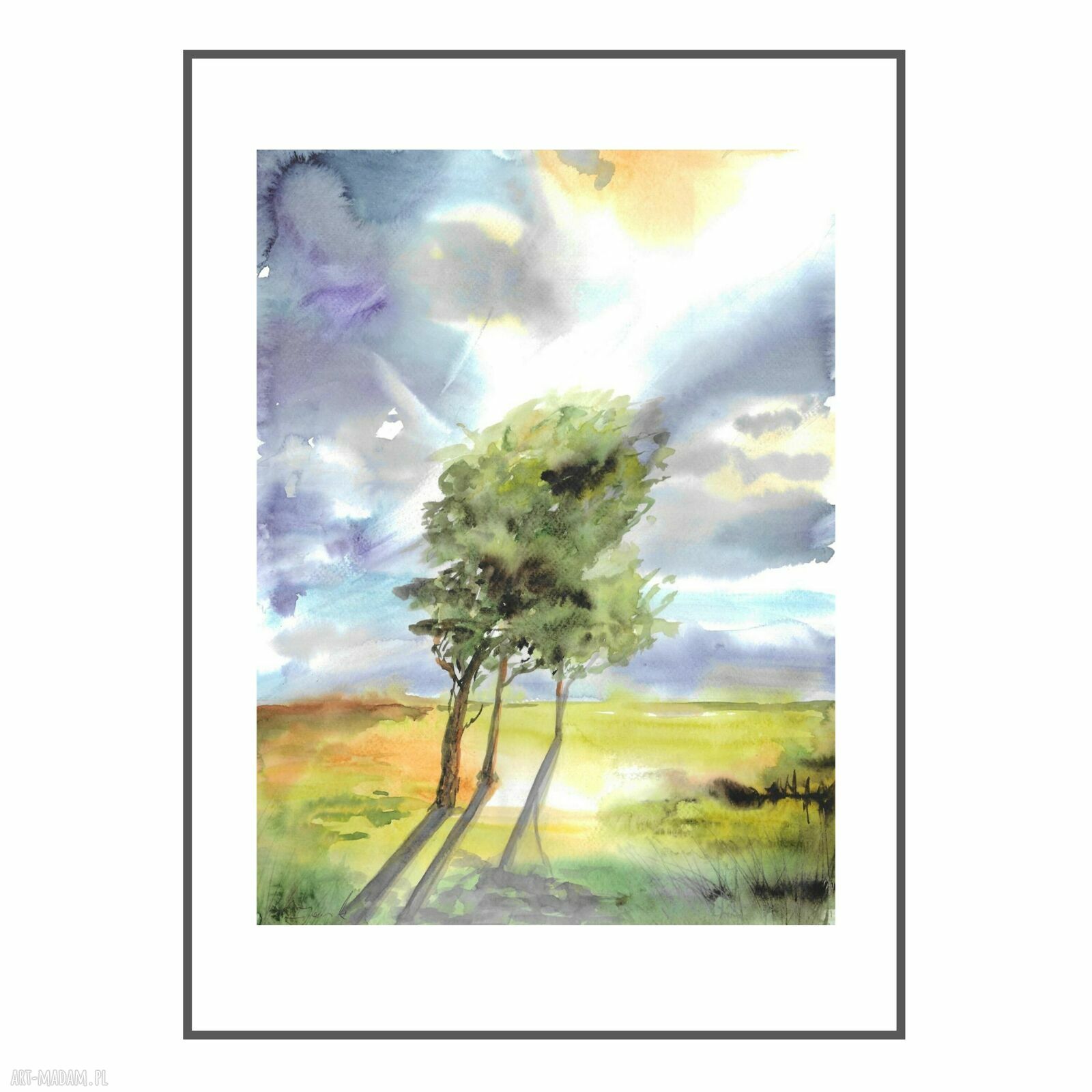 Akwarela „Wiatr” - pejzaż drzew ręcznie malowany 30x40 cm
