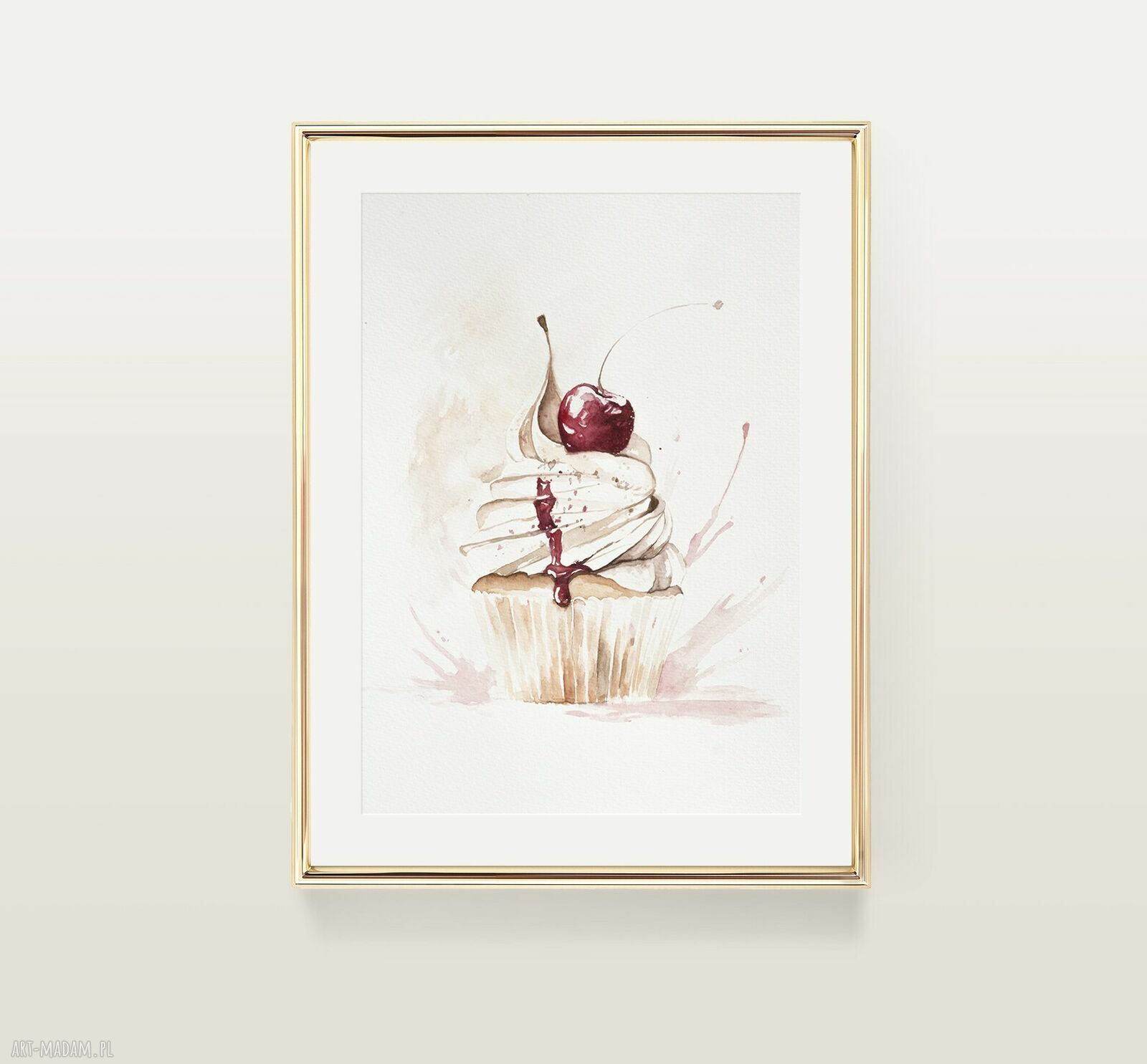 Wiśniowa rozkosz - ręcznie malowana akwarela z babeczką i wiśnią w passe-partout 30x40 cm