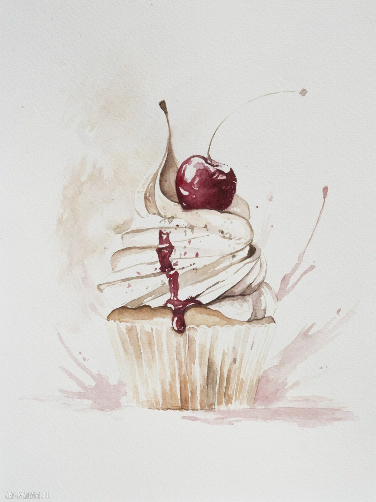Wiśniowa rozkosz - ręcznie malowana akwarela z babeczką i wiśnią w passe-partout 30x40 cm