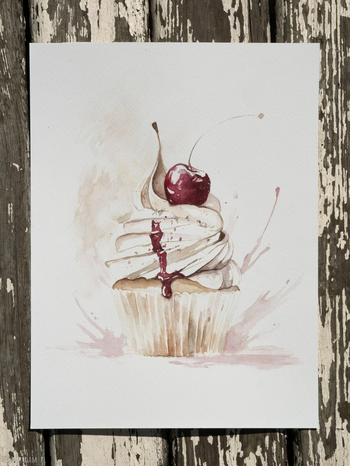Wiśniowa rozkosz - ręcznie malowana akwarela z babeczką i wiśnią w passe-partout 30x40 cm