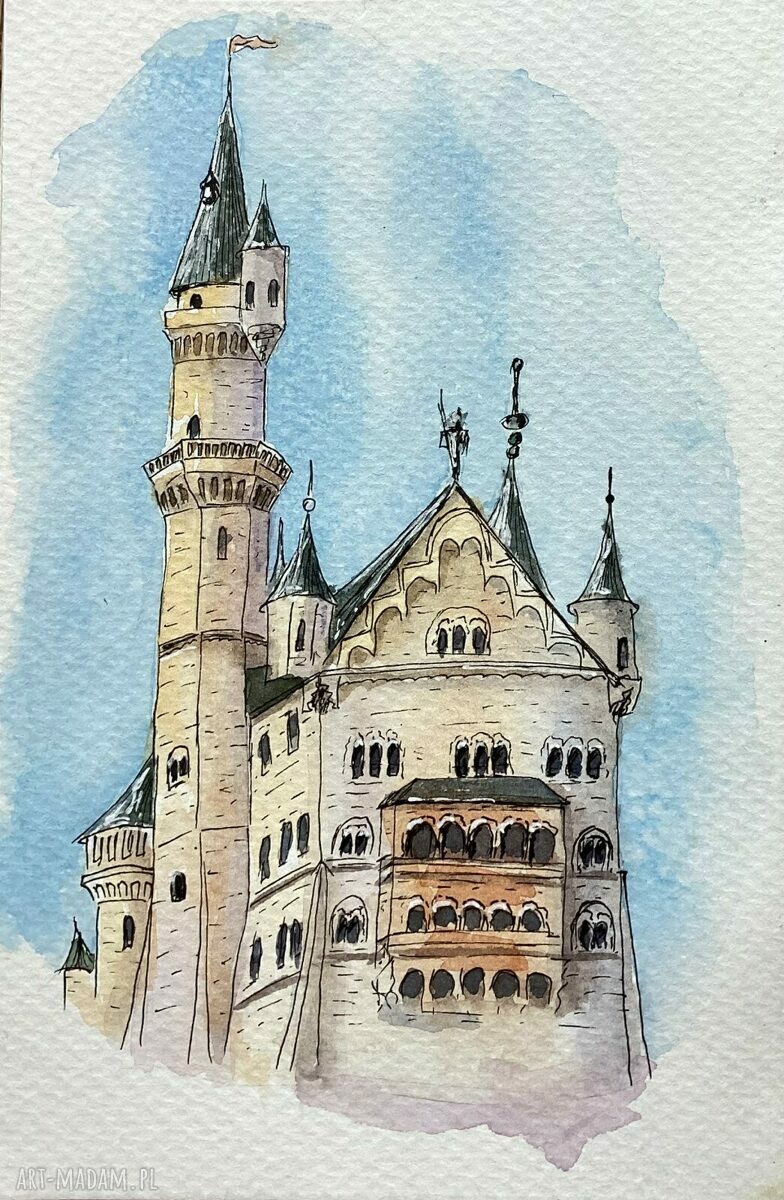 Akwarela Zamek Neuschwanstein - szkic architektura Niemcy