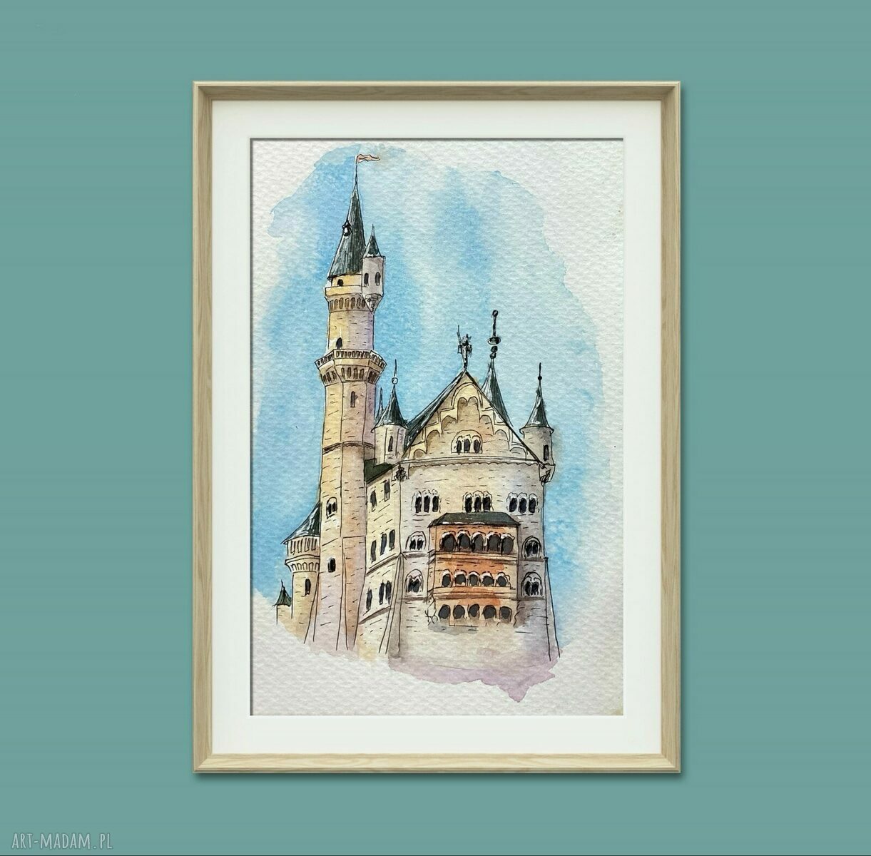 Akwarela Zamek Neuschwanstein - szkic architektura Niemcy