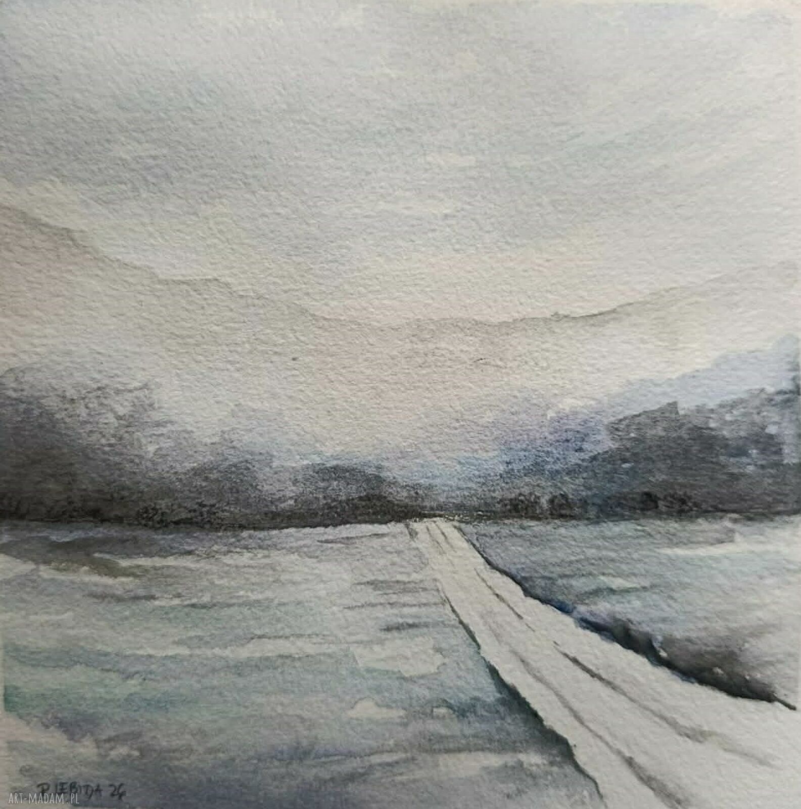 Oryginalna akwarela ZIMA 15x15 cm (kwadrat) - ręcznie malowany obraz na papierze 300 g/m2