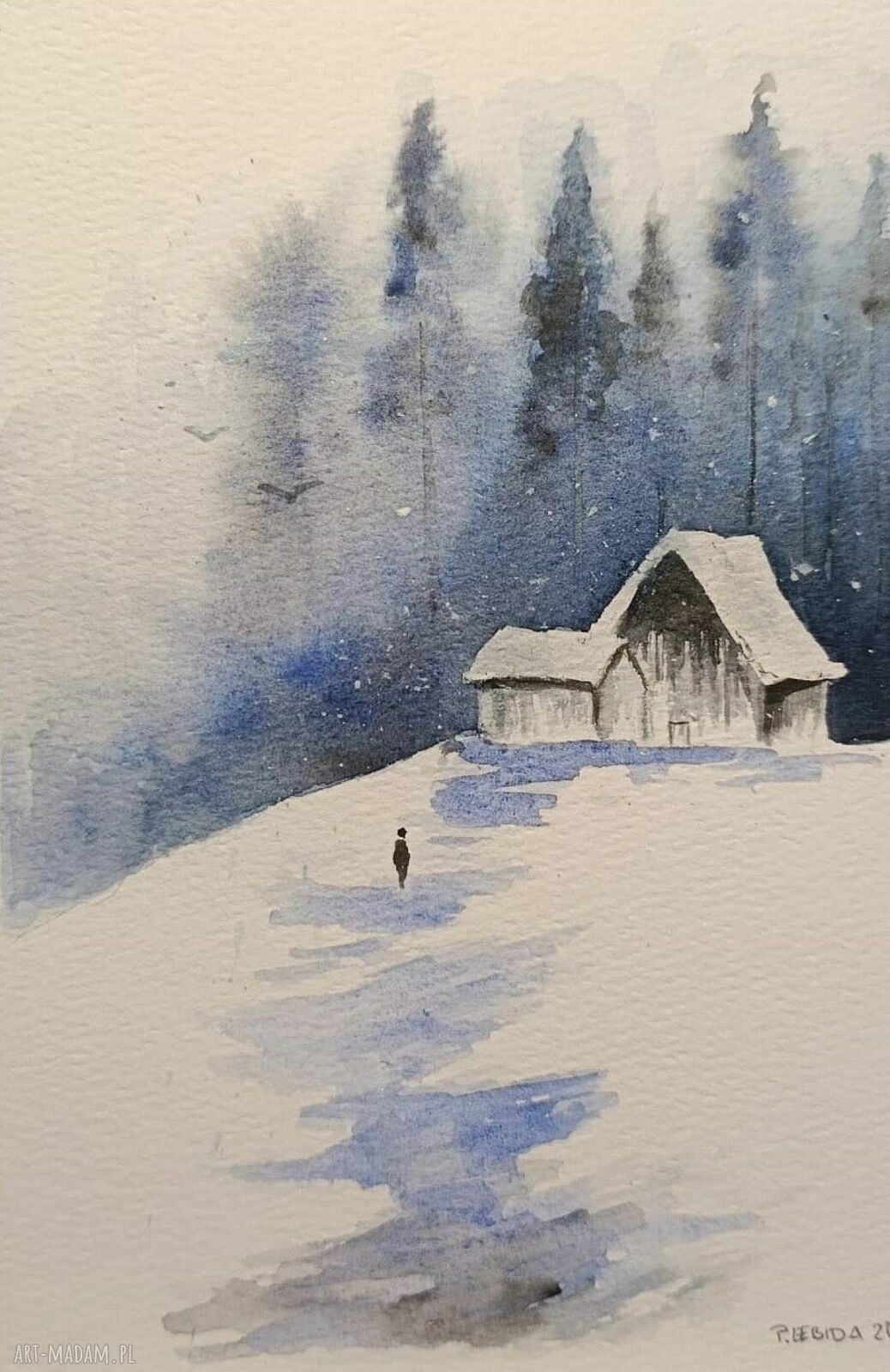 ZIMA - akwarela formatu A5, oryginalny obraz handmade