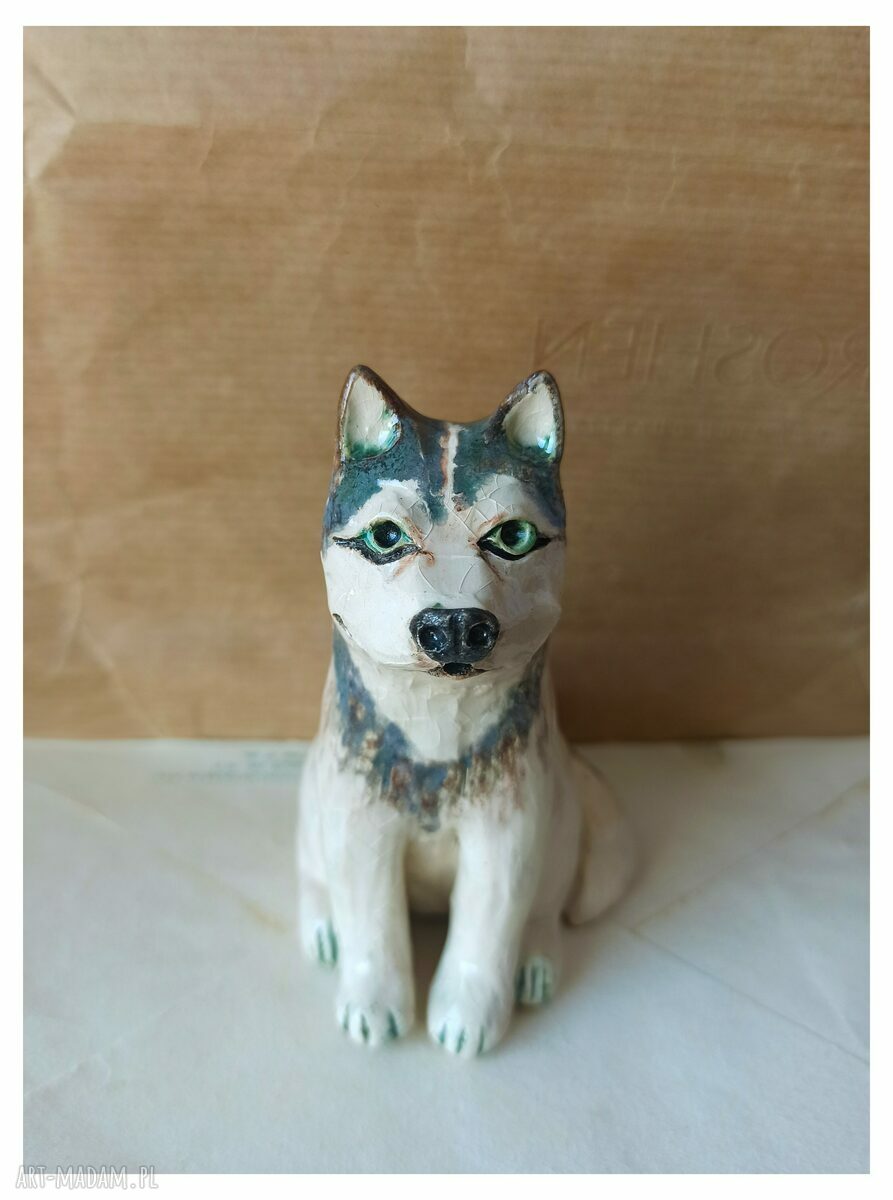 Ręcznie robiona figurka ceramiczna Alaskan Malamute - pieski na półkę