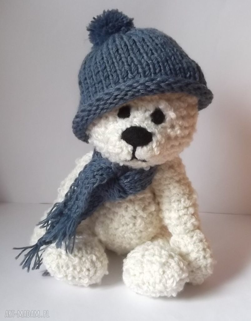 Aleksander - biały miś szydełkowany ręcznie, 34 cm