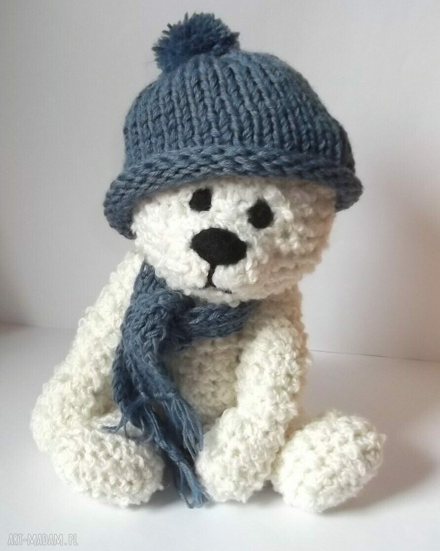 Aleksander - biały miś szydełkowany ręcznie, 34 cm