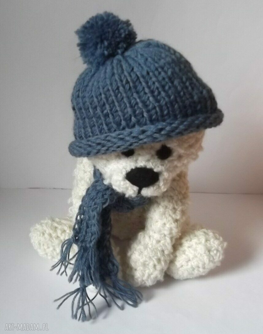 Aleksander - biały miś szydełkowany ręcznie, 34 cm