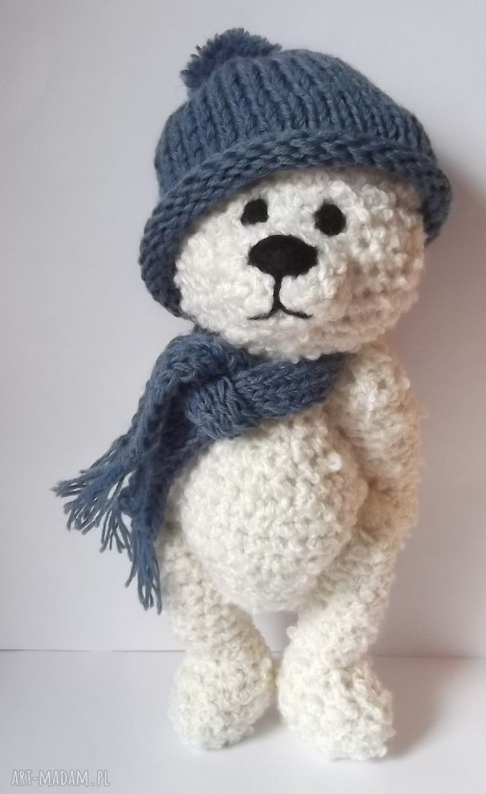 Aleksander - biały miś szydełkowany ręcznie, 34 cm