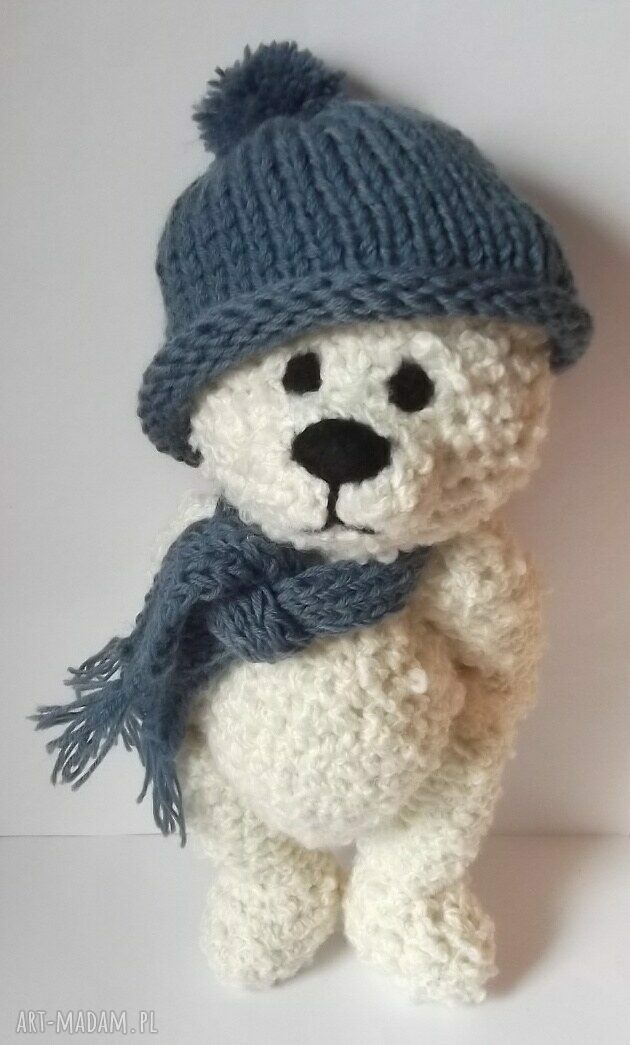 Aleksander - biały miś szydełkowany ręcznie, 34 cm