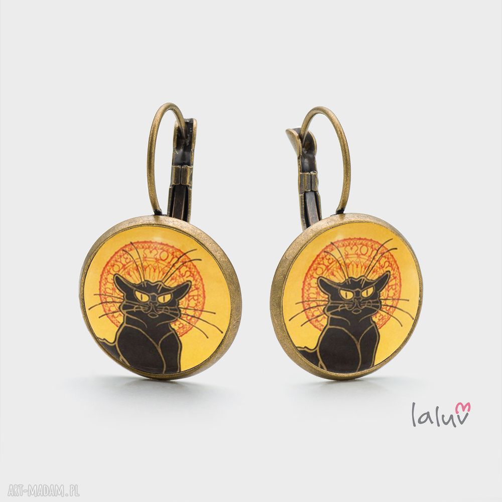 Kolczyki wiszące LE CHAT NOIR - Alfons Mucha, stare złoto (handmade)