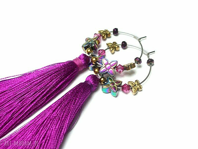 Cyklamenowe kolczyki boho Alloys Collection ze stali szlachetnej Swarovski i hematyt