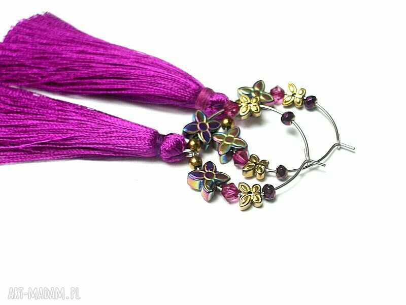Cyklamenowe kolczyki boho Alloys Collection ze stali szlachetnej Swarovski i hematyt