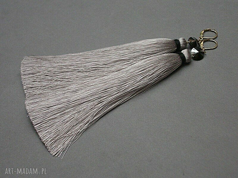 Długie kolczyki boho maxi ze stali szlachetnej i Swarovski szare i czarne chwosty