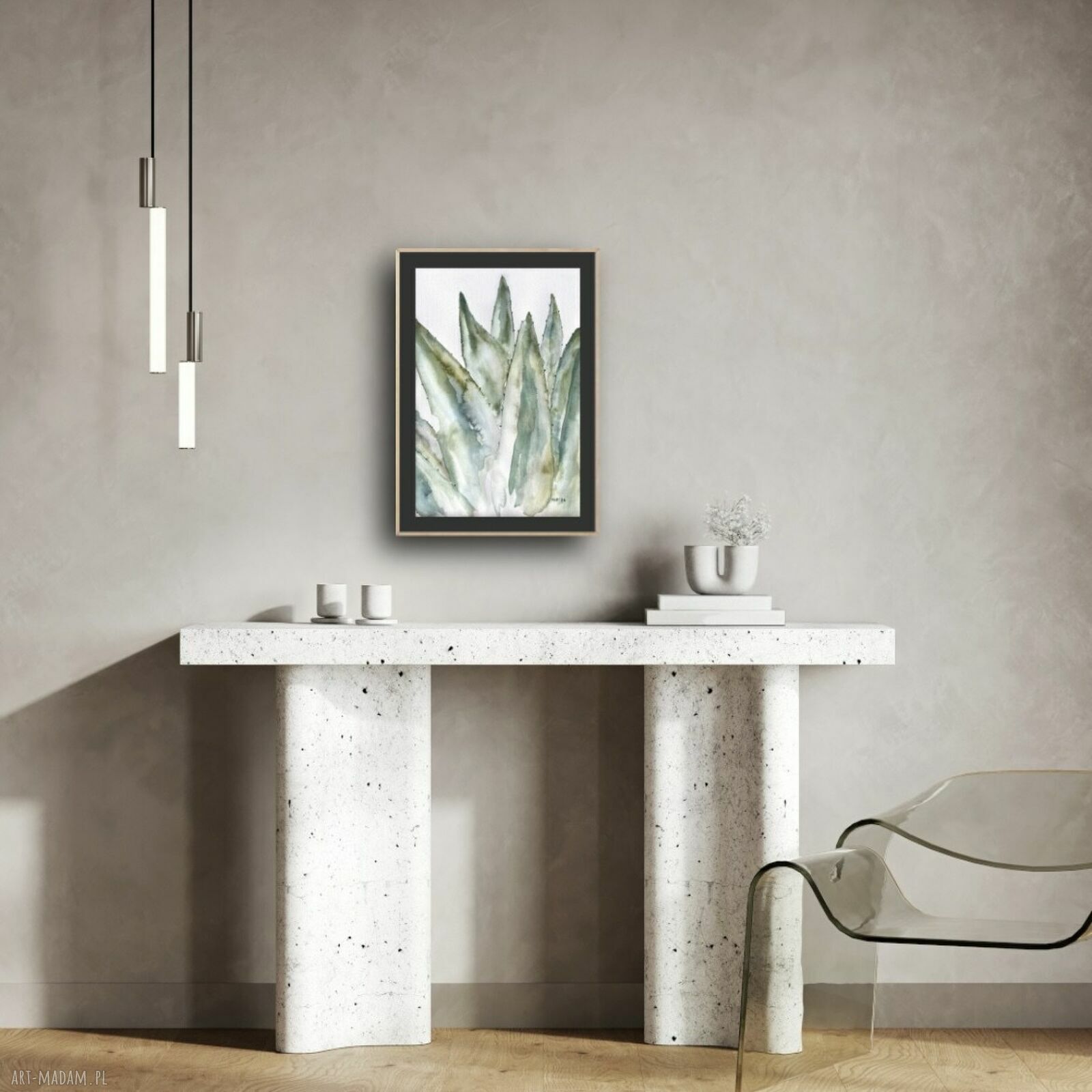 Aloes - akwarela A4 z liśćmi w białe i zielone akcenty - boho natura