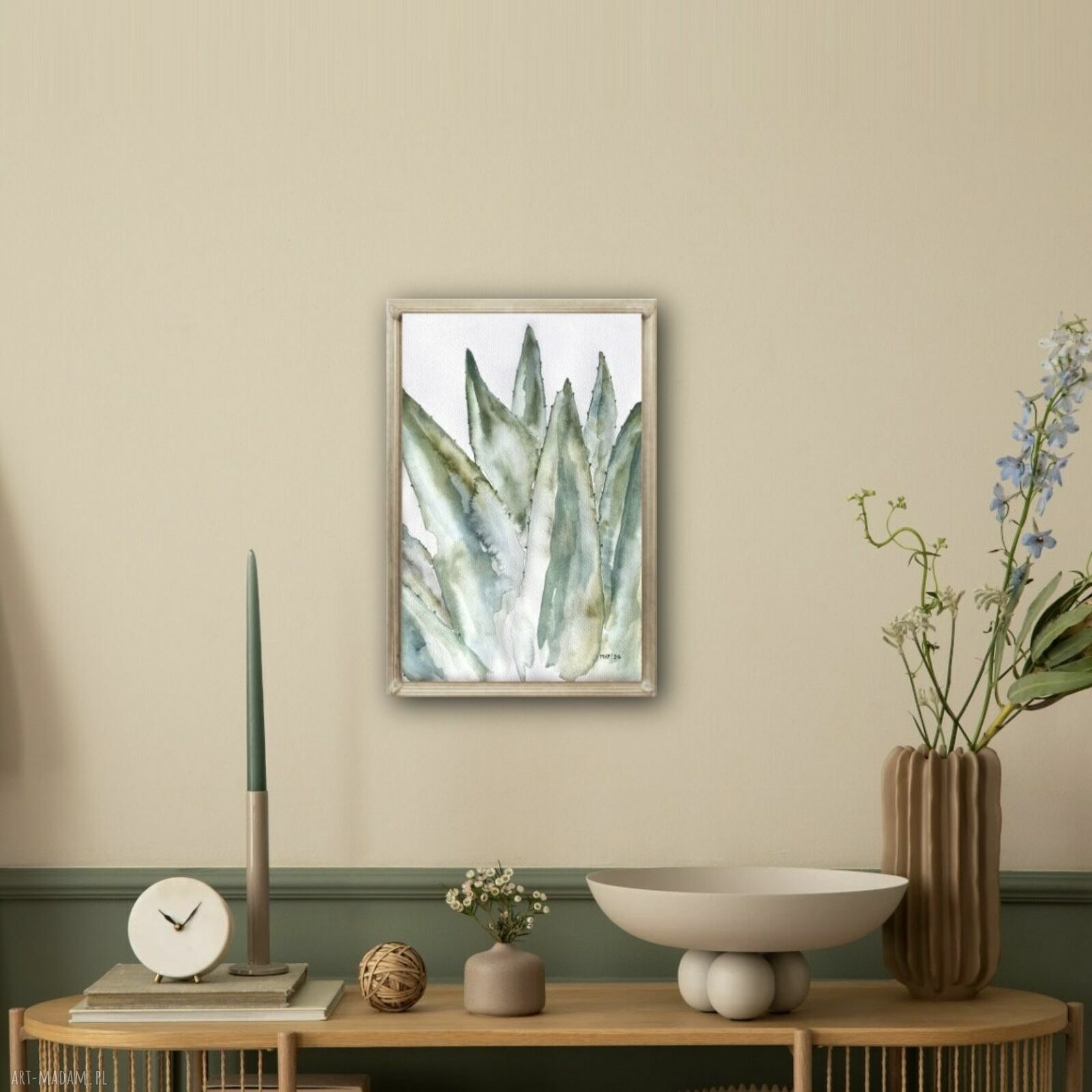 Aloes - akwarela A4 z liśćmi w białe i zielone akcenty - boho natura