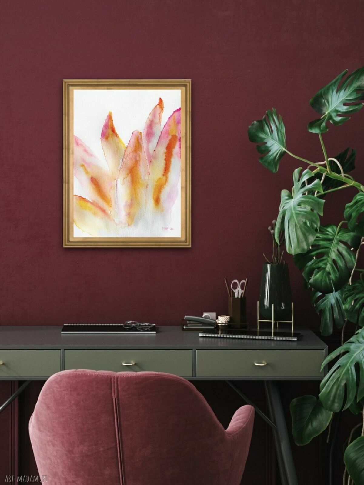 Aloes róż i pomarańcz - akwarela A4 w stylu Bohemian Soul
