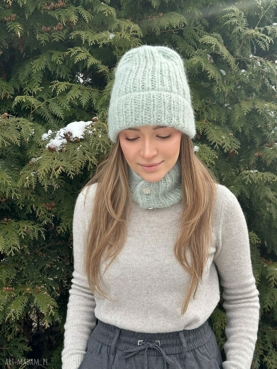 Komplet czapka i komin alpaka merino „Lody pistacjowe” - ręcznie robiony