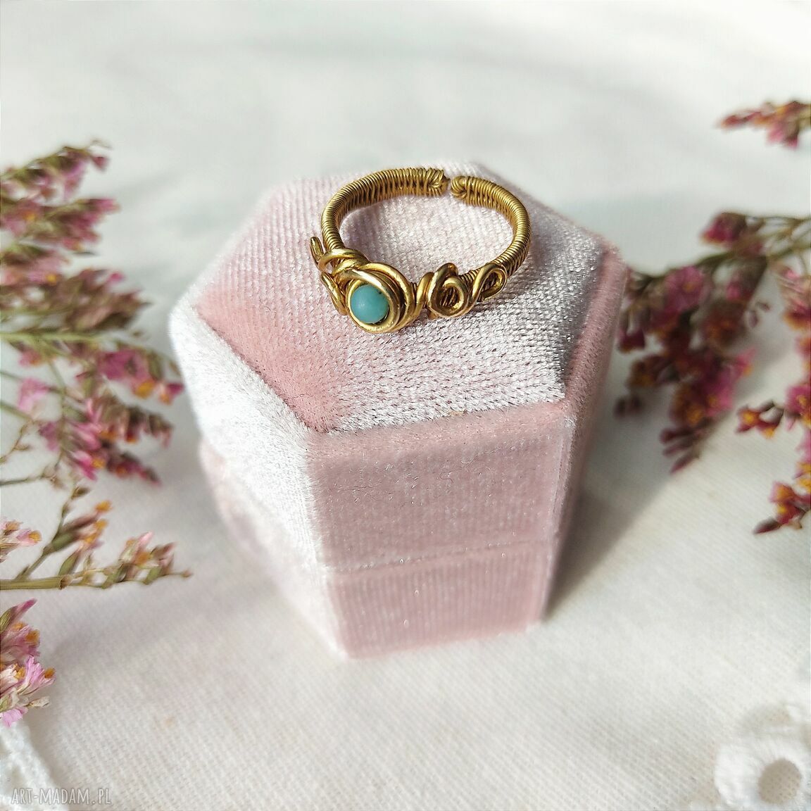 Pierścionek Amazonit z mosiądzu - regulowany handmade wire wrapping
