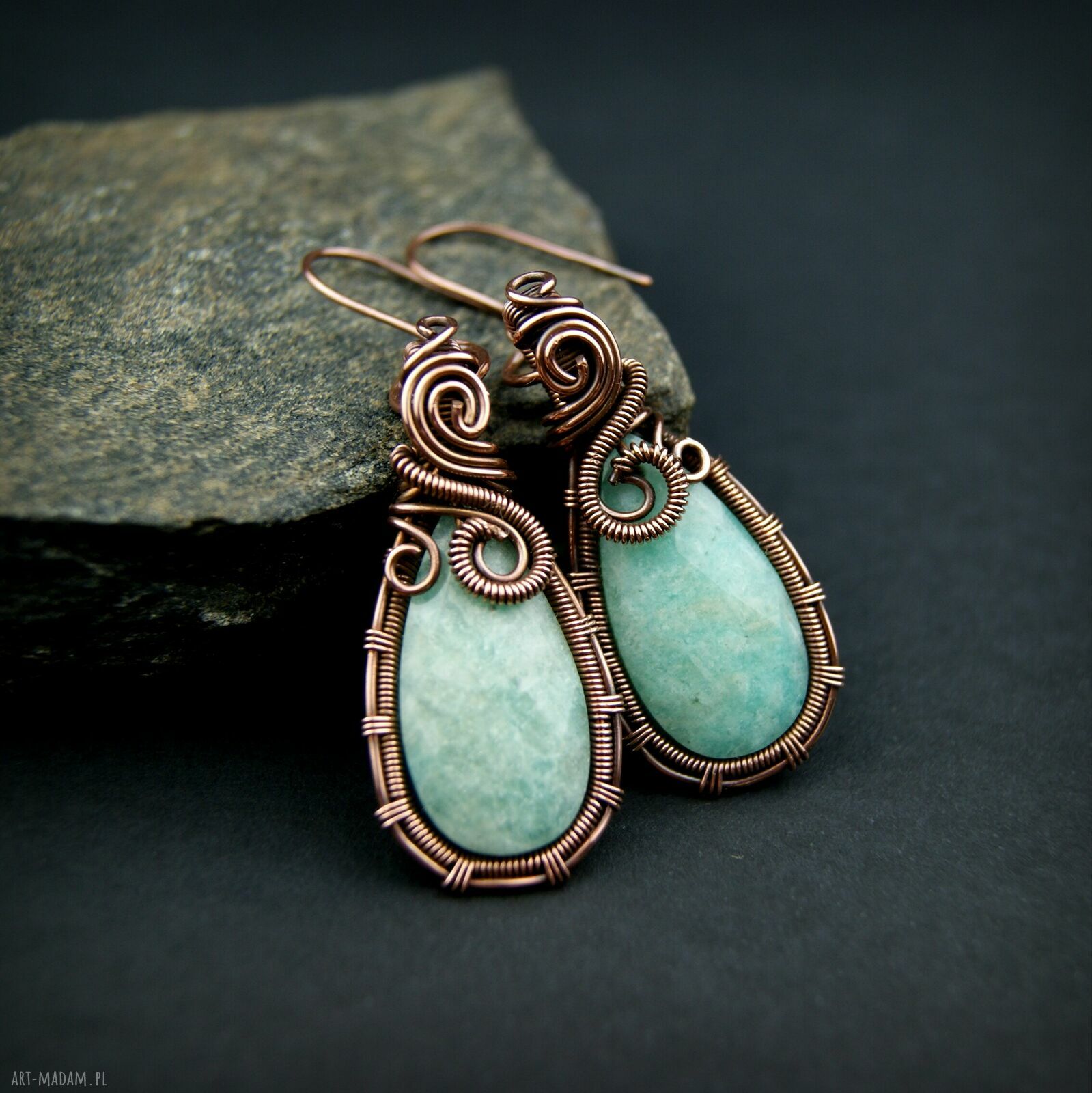 Wiszące kolczyki z amazonitem - miedziane wire wrapping, ręczne wykonanie