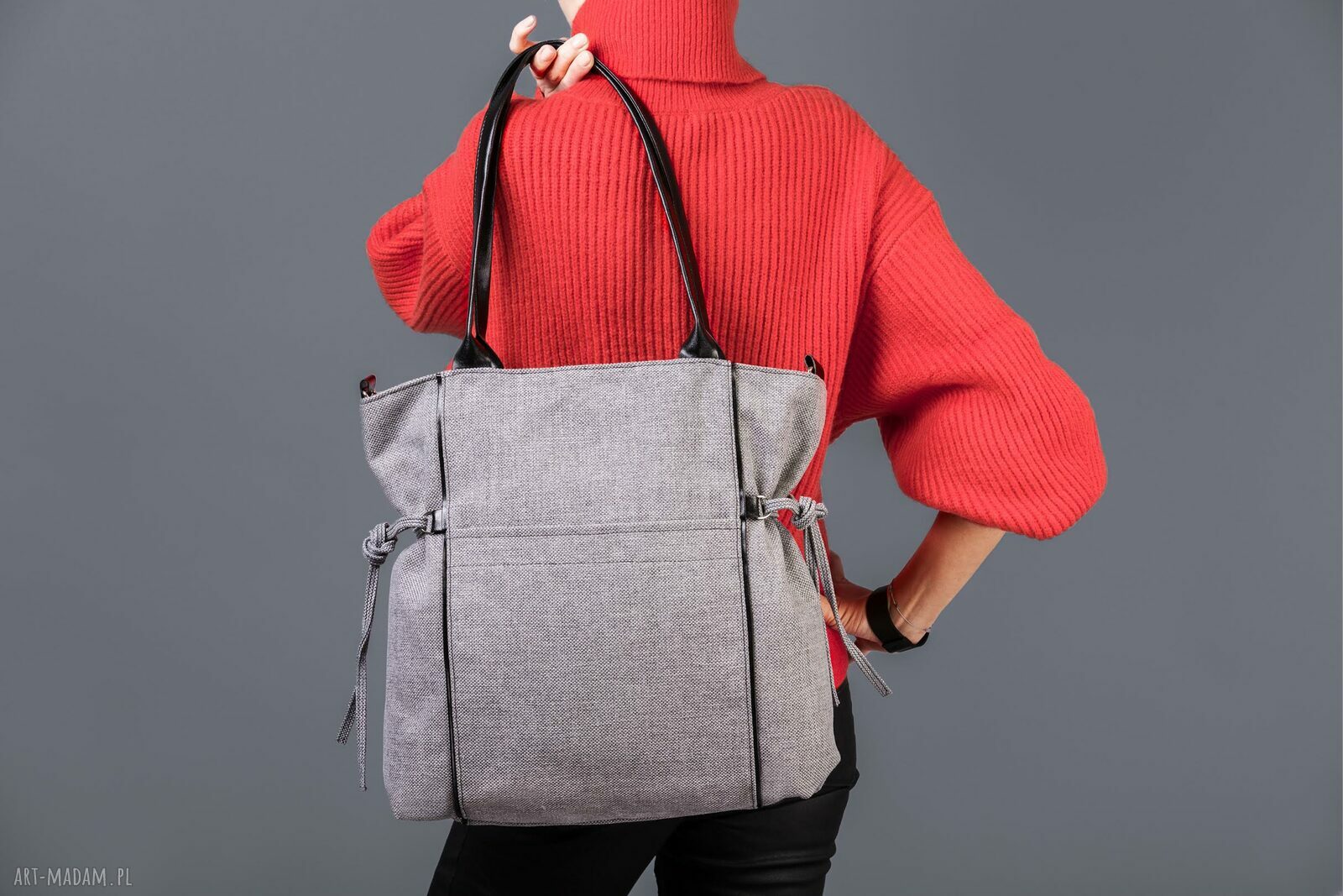 Amber - duża torba shopper na ramię z jasnoszarej plecionki