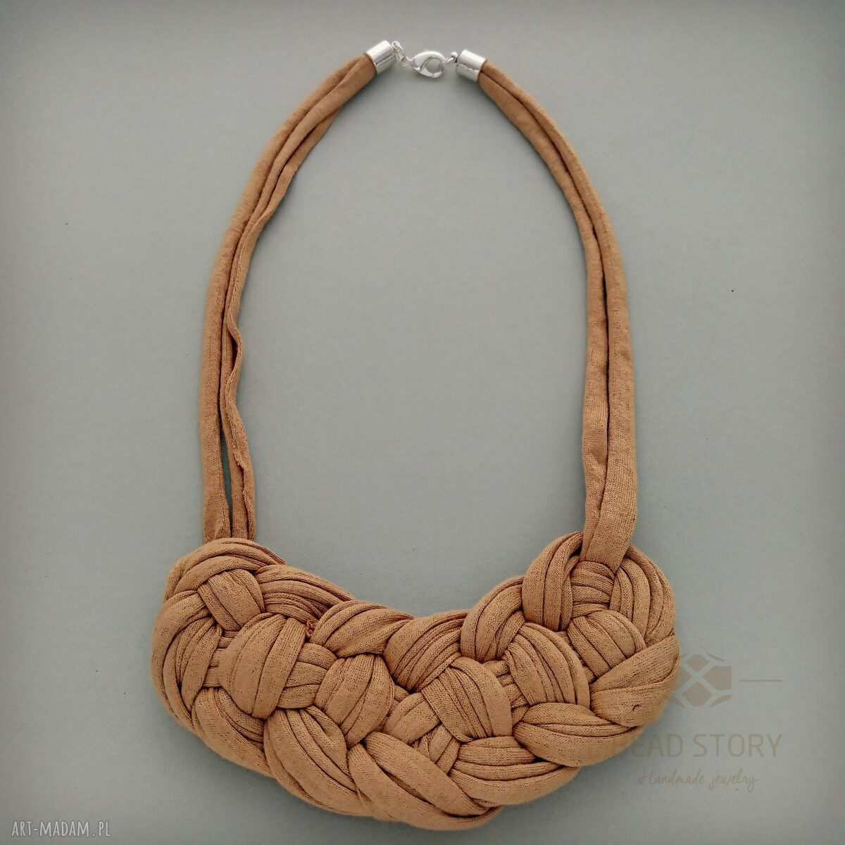 Naszyjnik Amber z bawełny w złocistym beżu - srebrne wykończenie, 50 cm