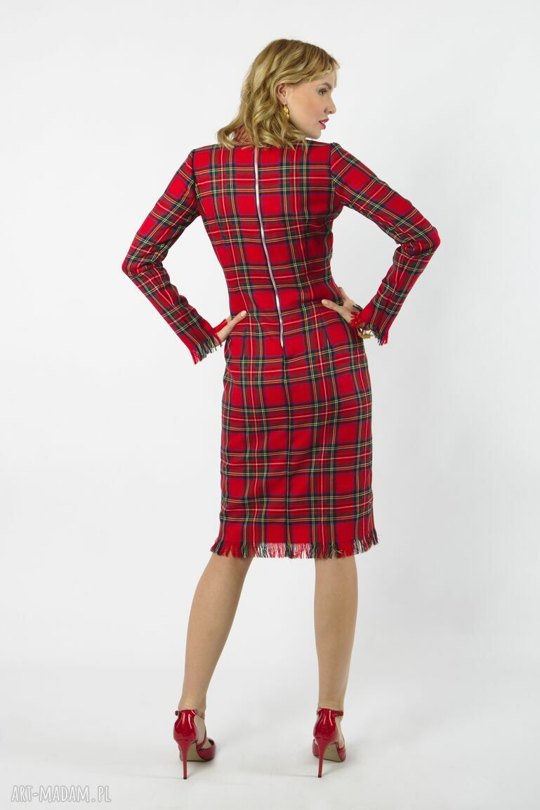 amber wełniana sukienka w szkocką kratę - midi - wieczorowa czerwona, w  zimowa - w - ubrania ღ 