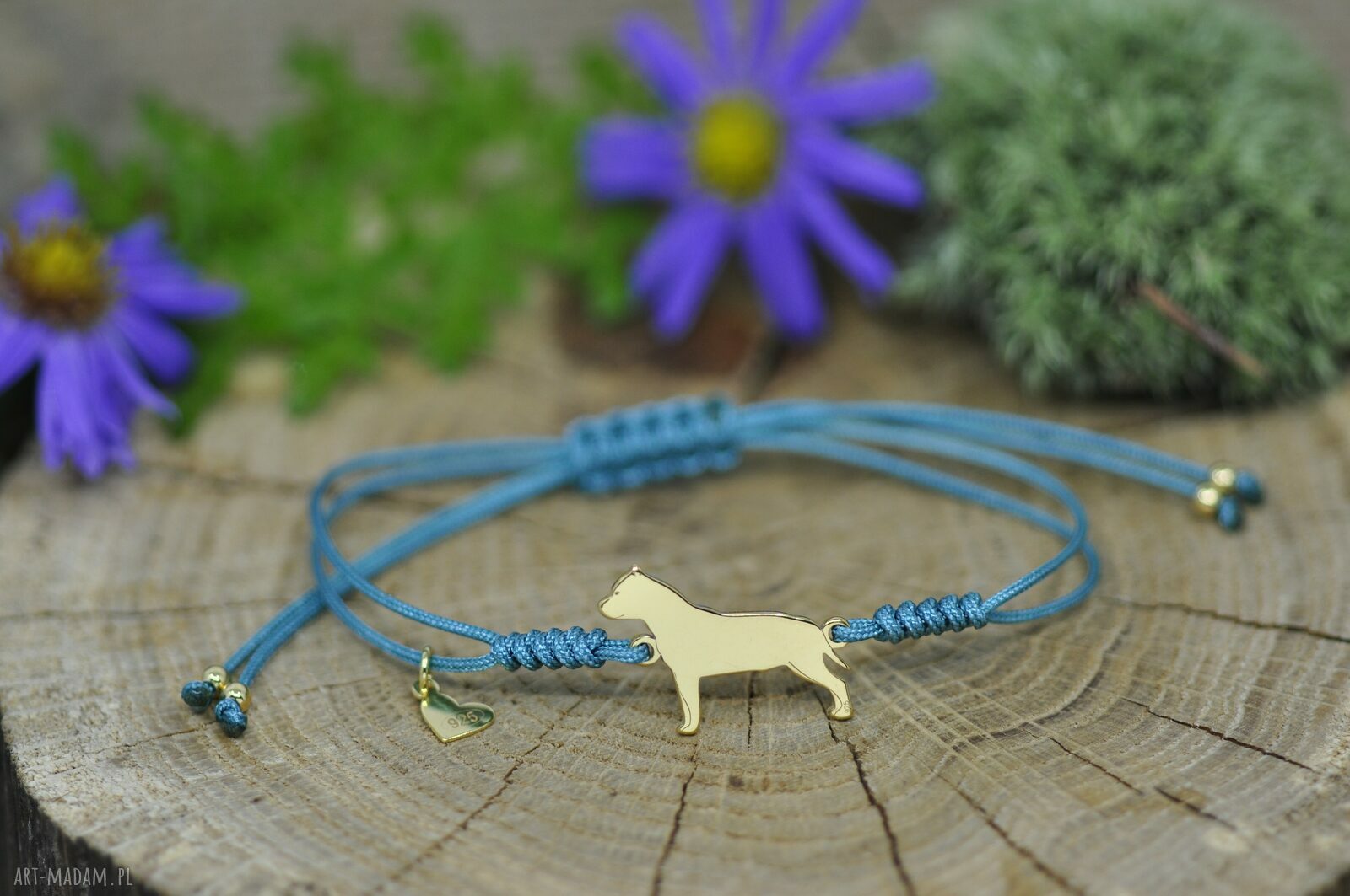 Bransoletka Amstaff z psem - srebro 925 pozłacane i turkusowy sznurek handmade